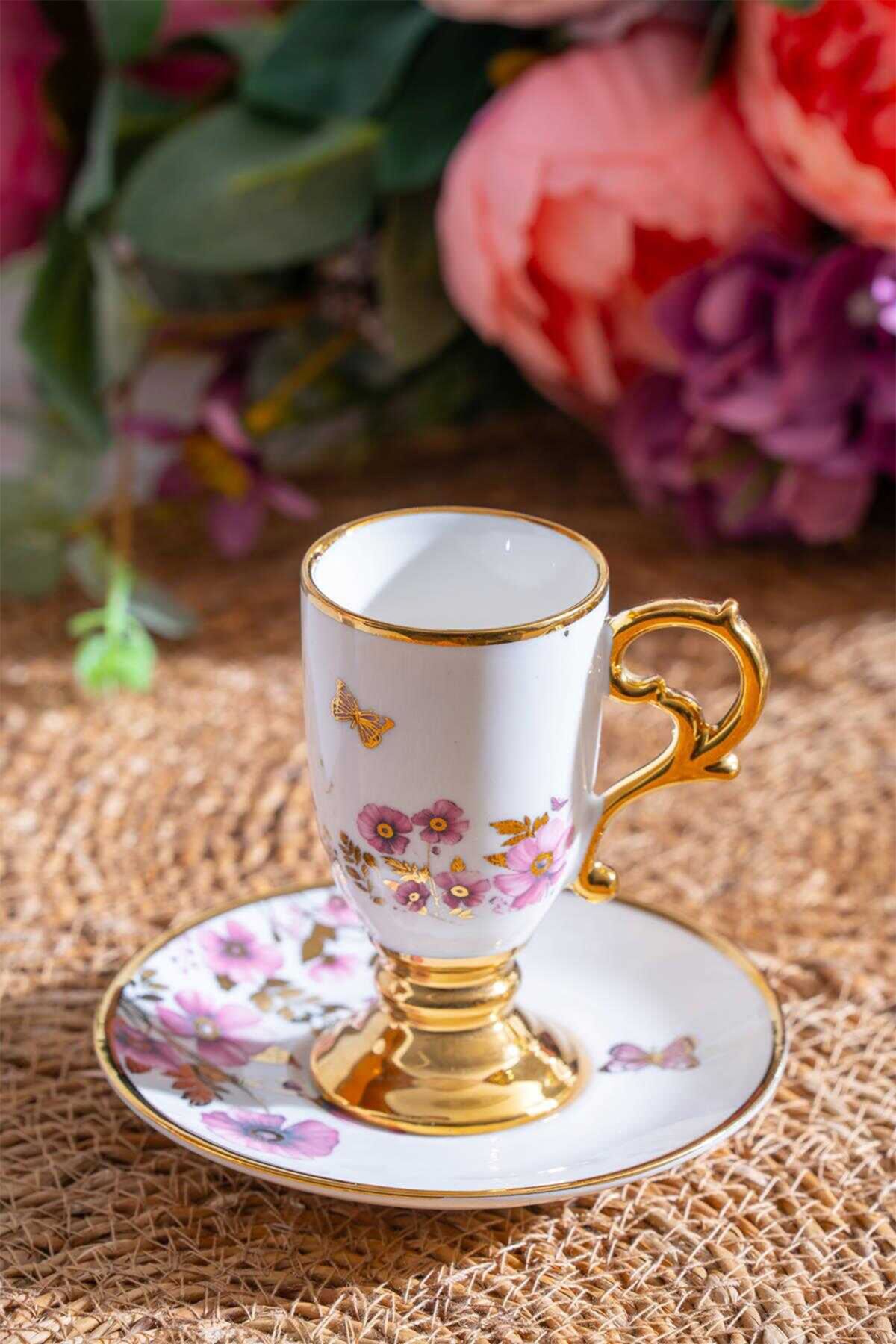 ACAR Prln Pembe 12 Parça 6 Kişilik Kahve Fincanı Takımı - 90 ml