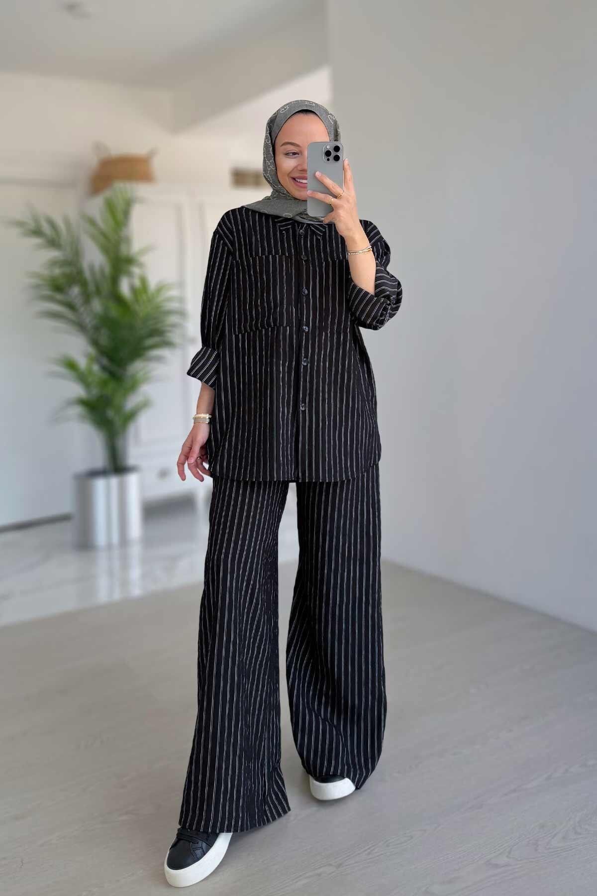 Ka Hijab Bol Paça Çizgili Takım - Siyah