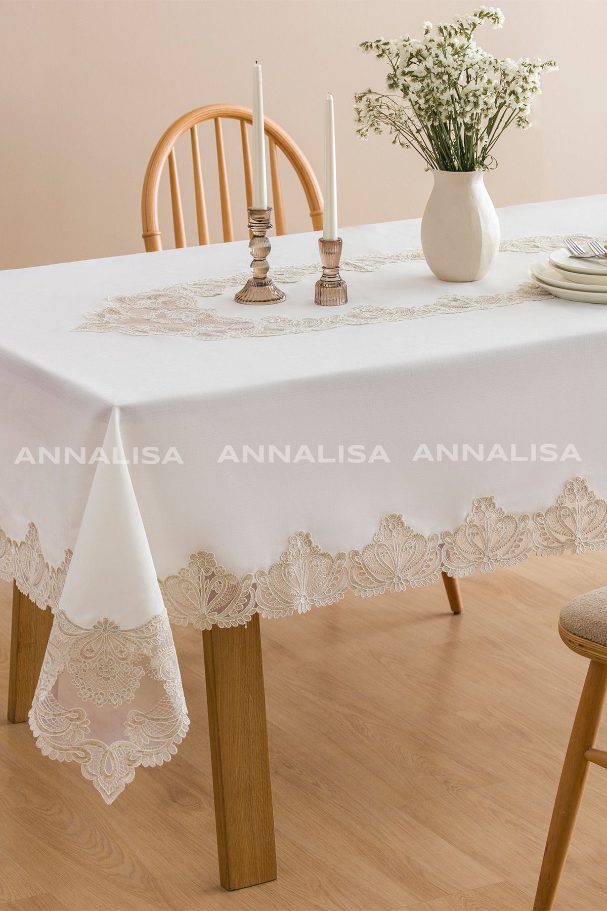 Annalisa Neli Keten Fransız Dantelli Masa Örtüsü Krem Altın