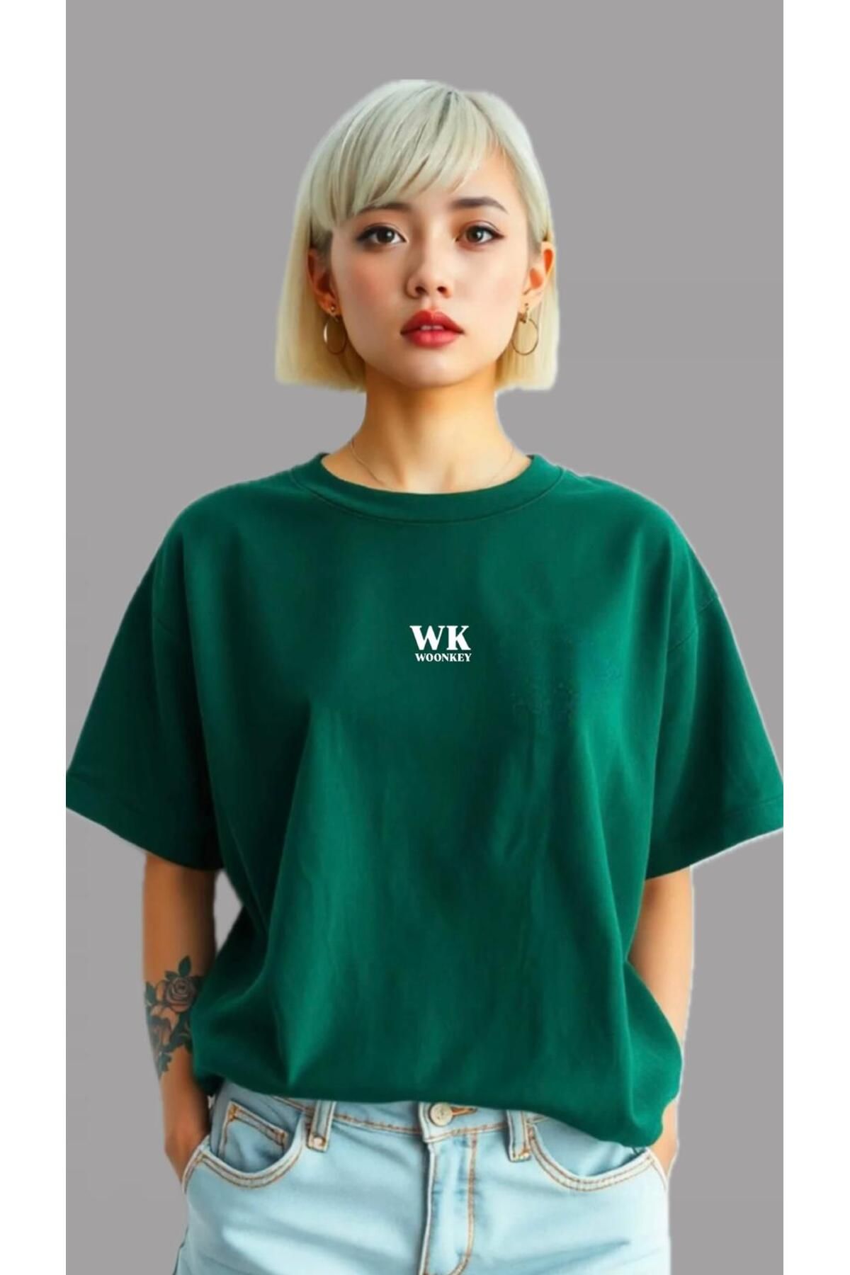 woonkey KADIN WK WOONKEY BASKILI BİSİKLET YAKA RAHAT KUMAŞ TİŞÖRT