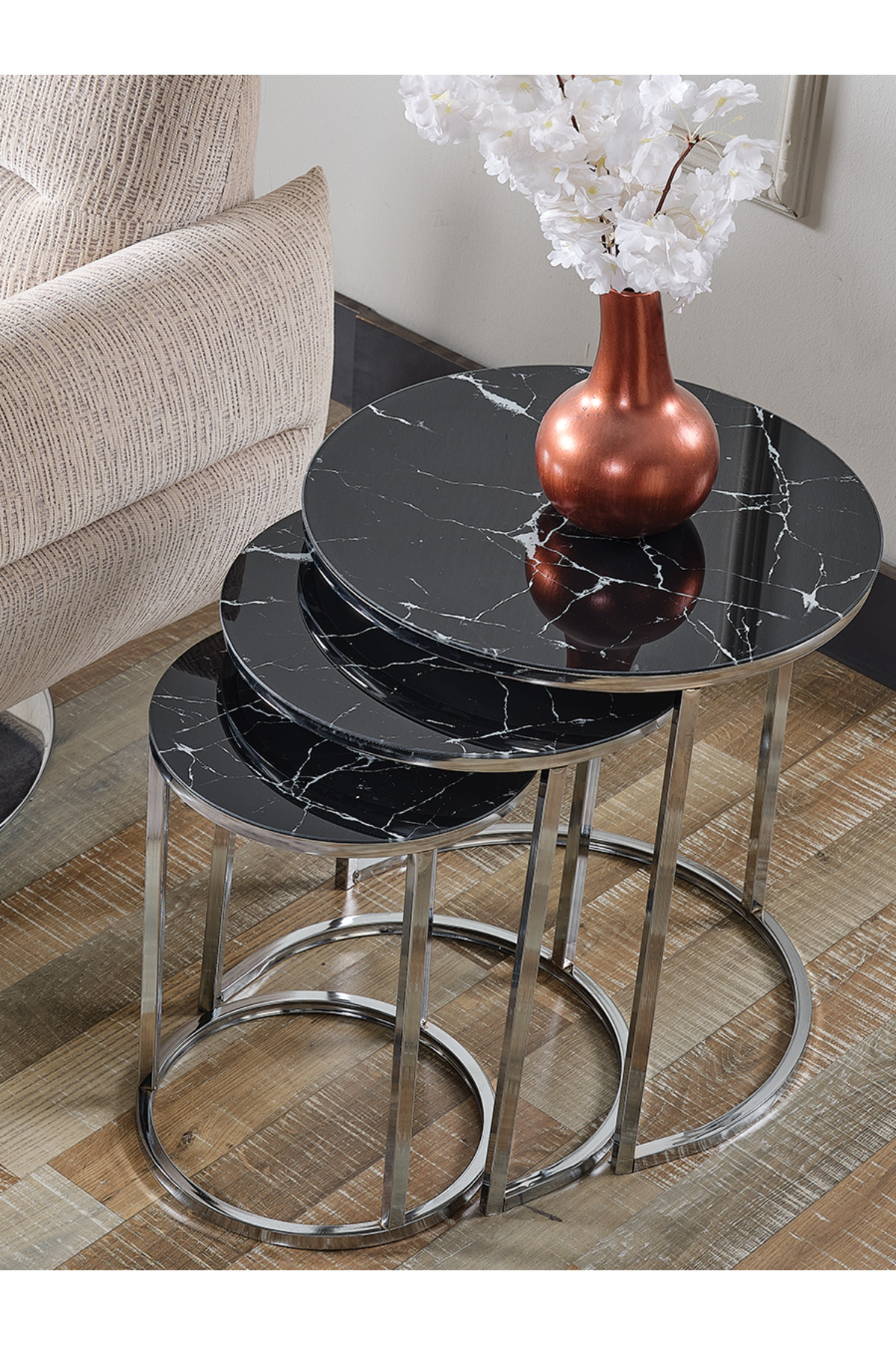 4 Lü Siyah Mermer Temperli Kırılmaz Cam Gümüş Metal Ayaklı Cam C Model Sehpa Takımı (ZİGON VE ORTA)