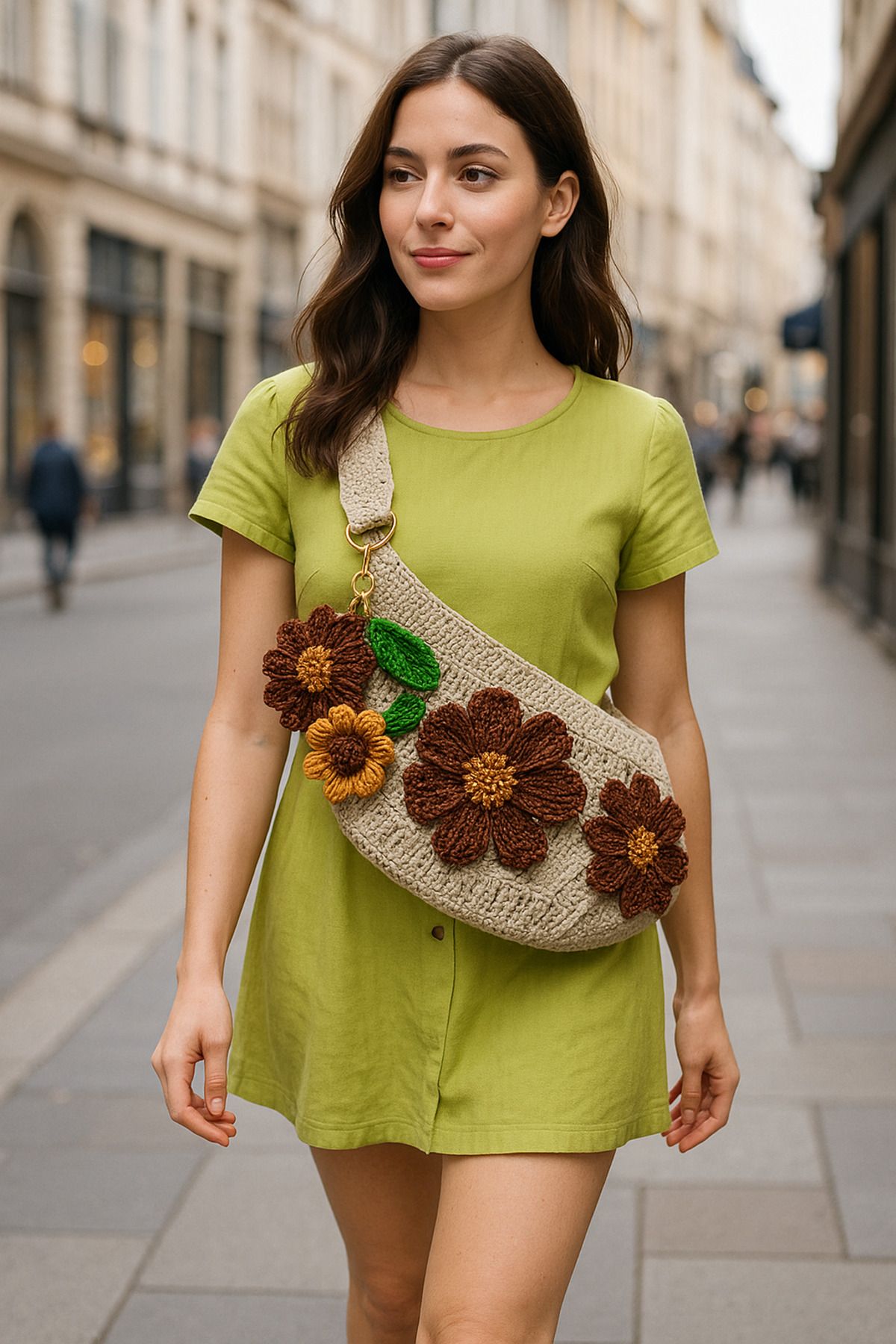 drt tasarım El Örgüsü Tığ İşi Cross Body Astarlı Fermuarlı Soft Makrome Çiçek Desenli Çanta