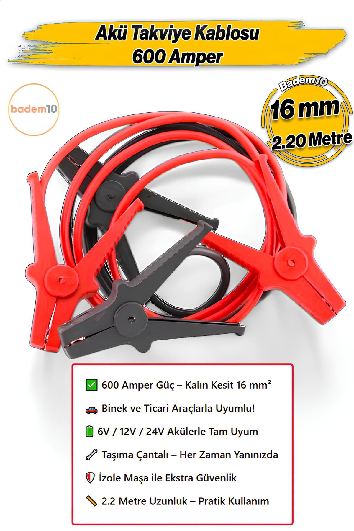 Badem10 600 Amper Akü Takviye Kablosu 2.2 Metre 16mm² Kalınlık 6V/12/24V Araç Araba Oto Akümülatör Sarj Şarj
