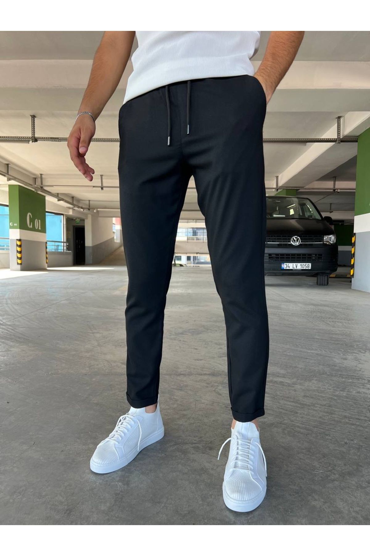moda biz Erkek Siyah Jogger Beli Lastikli Bağcıklı Duble Paça Likralı Rahat Kalıp Pantolon