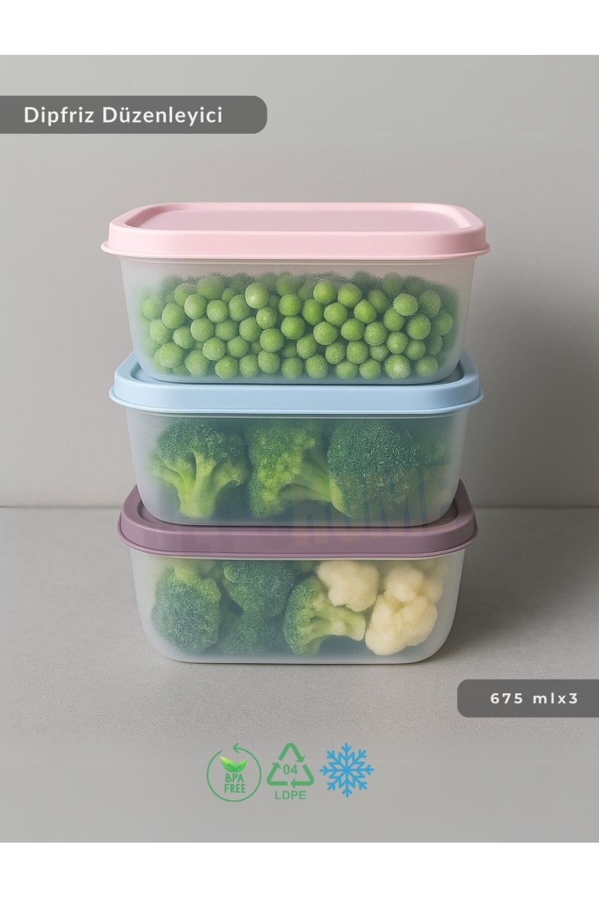 Jet's Home 3'lü Dipfriz Saklama Kabı - No Frost Silikon Kapaklı | Derin Dondurucu Düzenleyici BPA Free 675 ml