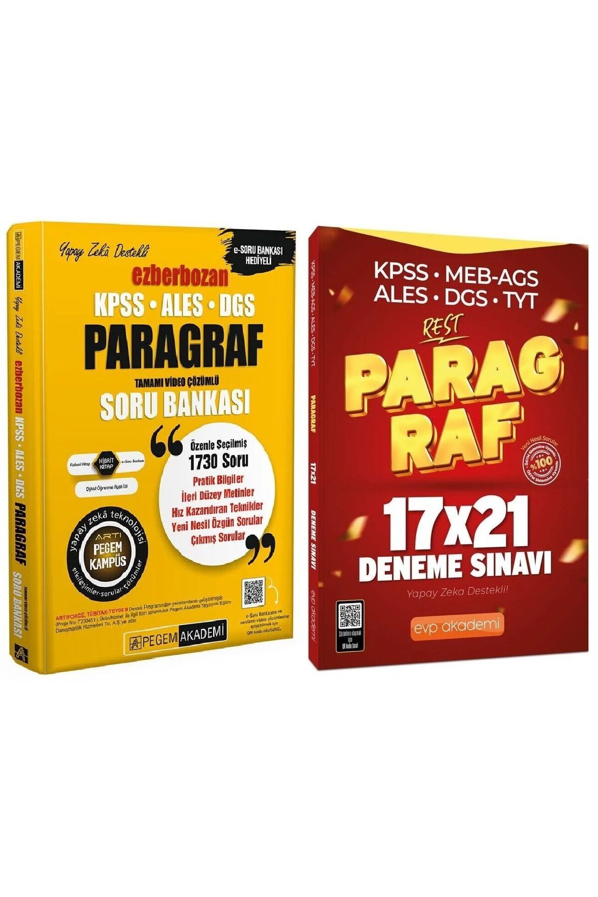 Pegem Akademi Yayıncılık Pegem + EVP 2025 KPSS ALES DGS Paragraf Ezberbozan Soru Bankası + 21 Deneme 2 li Set Pegem + EVP Aka