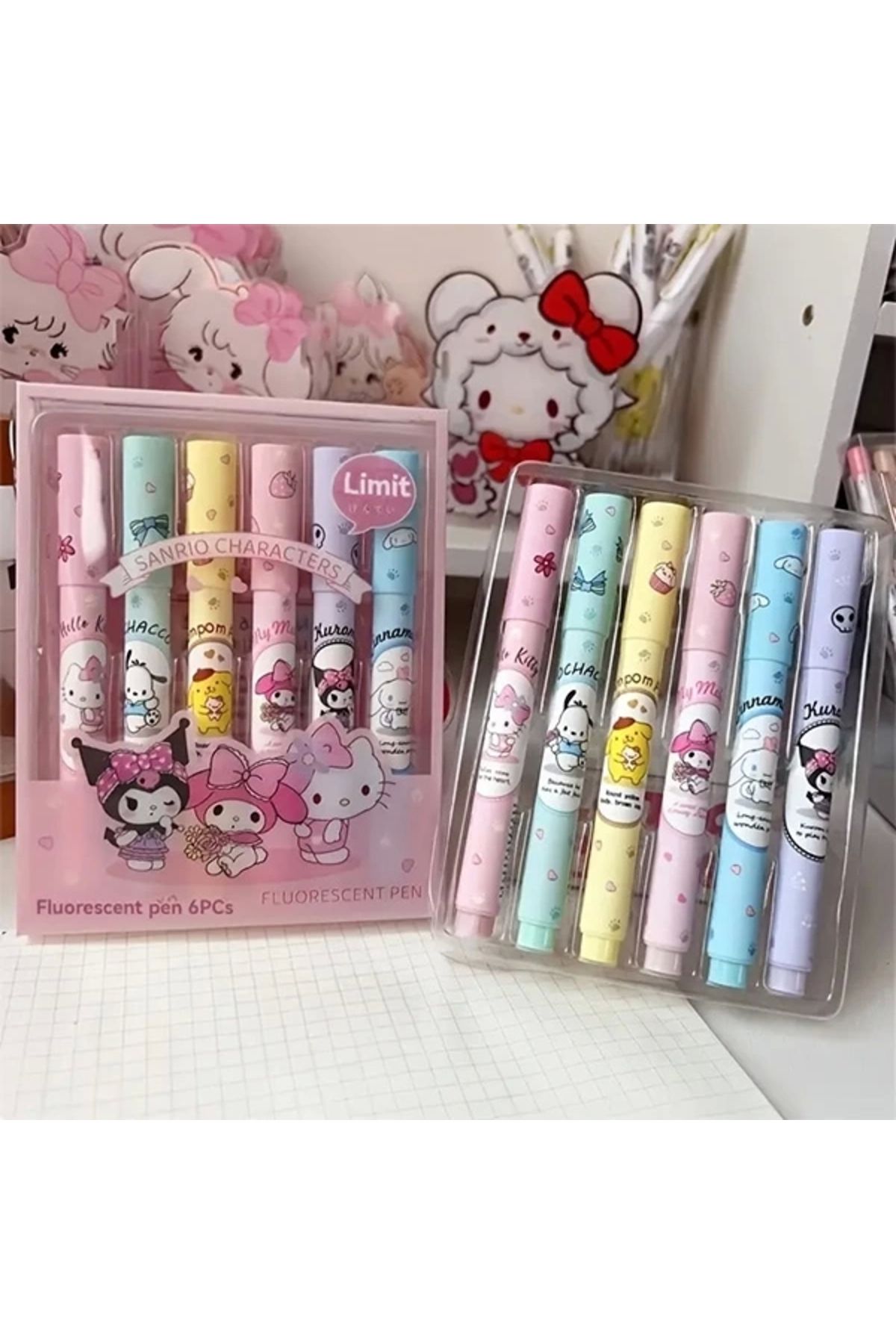 Yenimiyeni 6 Lı Fosforlu Kalem Seti Sanrio Karakterleri Kuromi Hello Kitty
