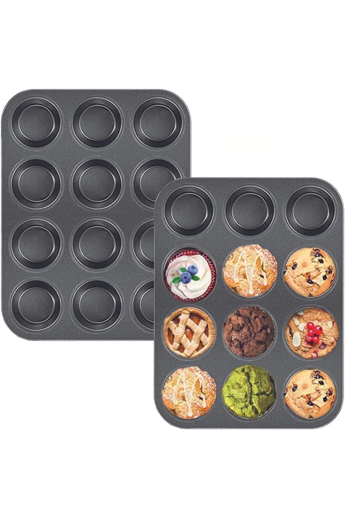 costurera 2'Lİ SET Muffin Kalıbı 12li Fırın Mini Kek Browni Kekstra Kalıbı Cupcake Kapsülü