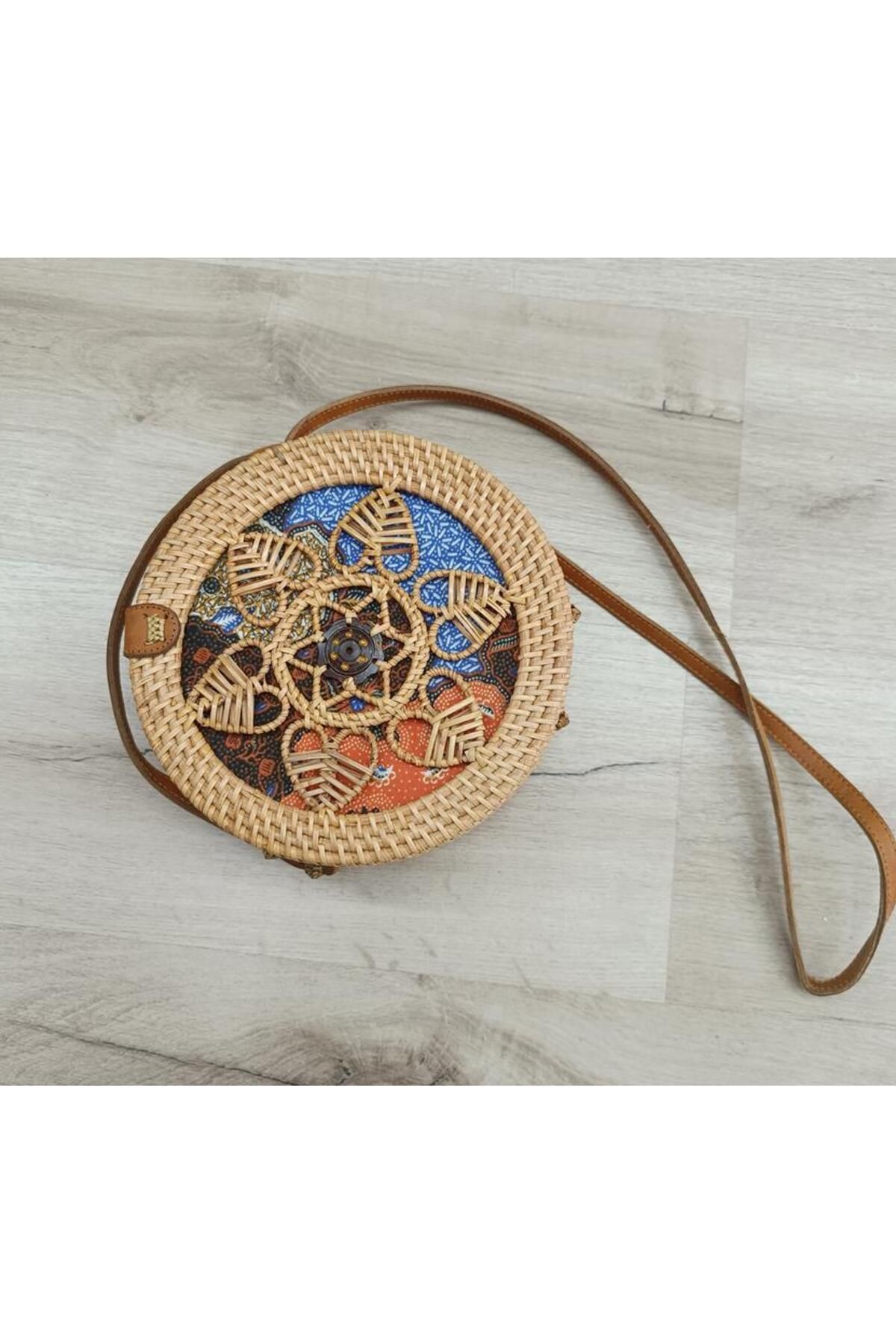 Hd Marketim Çanta Bambu Rattan El Yapımı Deri Askı Kadın Hasır Omuz Çantası Taba Renk