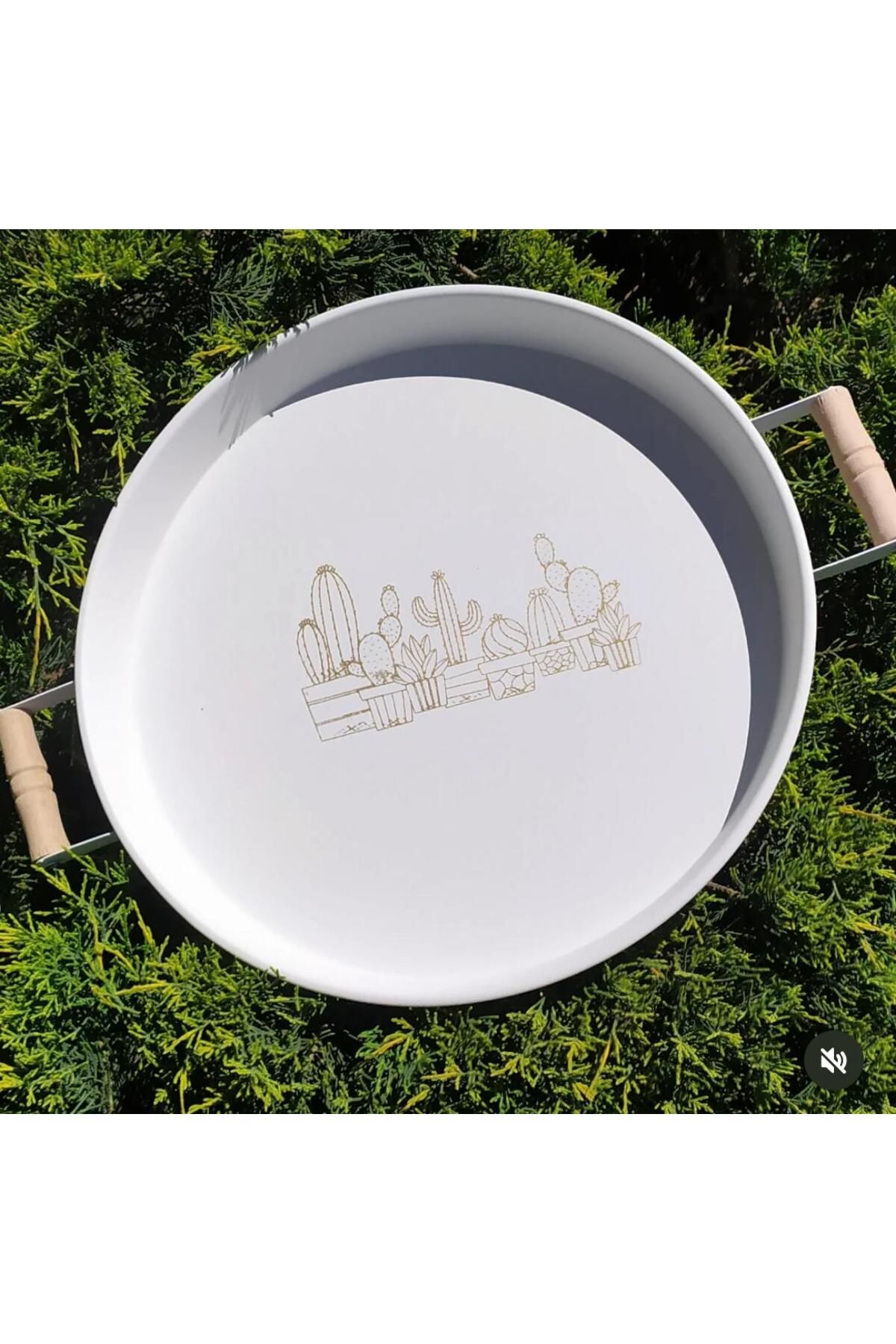 Kitchen Line 36 CM KAKTÜS BASKILI AHŞAP KULUPLU METAL TEPSİ