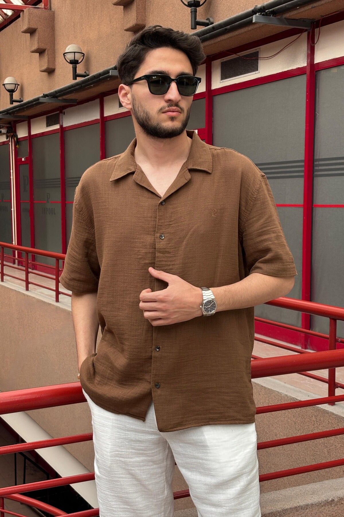 inpool Erkek, apaş yaka, Oversize, %100 pamuk, Müslin dokuma, Kısa kollu gömlek G14