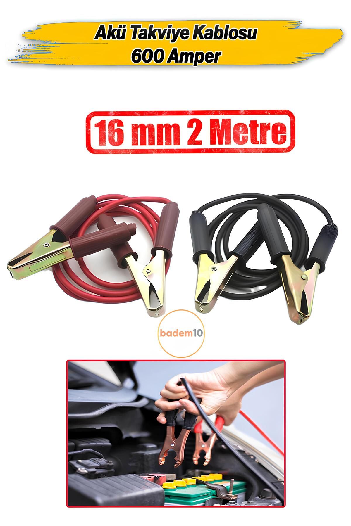 Badem10 2 Metre 16mm² Kalınlık 6V/12/24V 600 Amper Akü Takviye Kablosu Araç Araba Oto Akümülatör Sarj Şarj