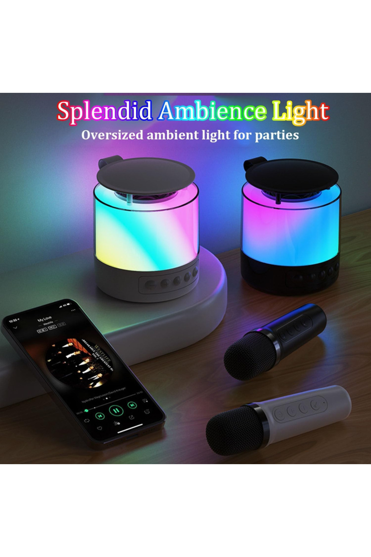 ABYZ-Speaker Set With 2 Microphones, Portable, With Rgb Effects, Round, Karaoke For Kids, Wireless, White 3