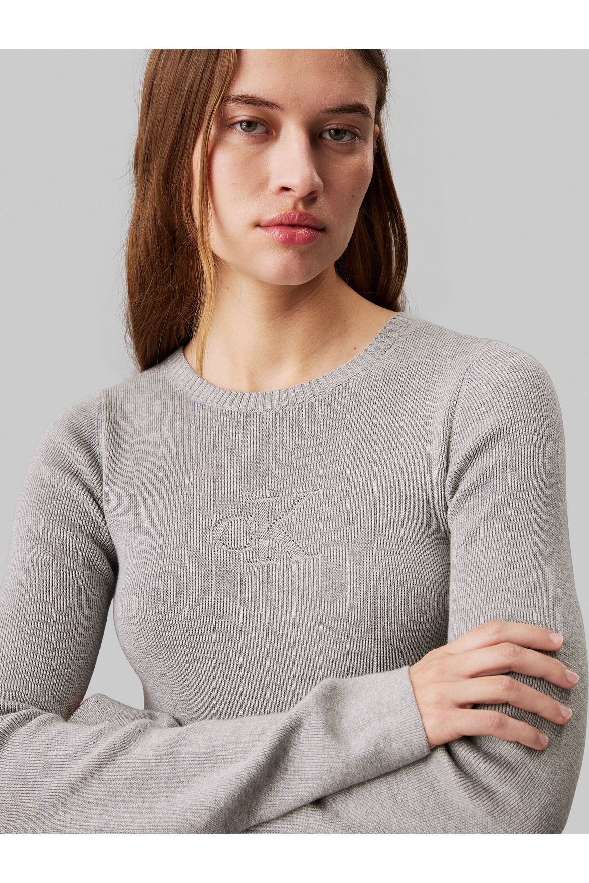 Calvin Klein-Women Grey Heather Ribbed Cotton Flared Jumper Dress 3