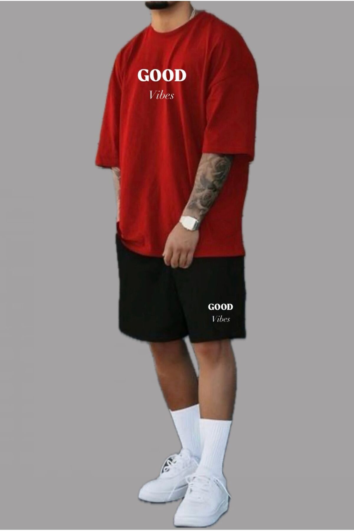 woonkey UNISEX GOOD VİBES BASKILI BİSİKLET YAKA ŞORT TİŞÖRT 2'Lİ TAKIM YENİ SEZON