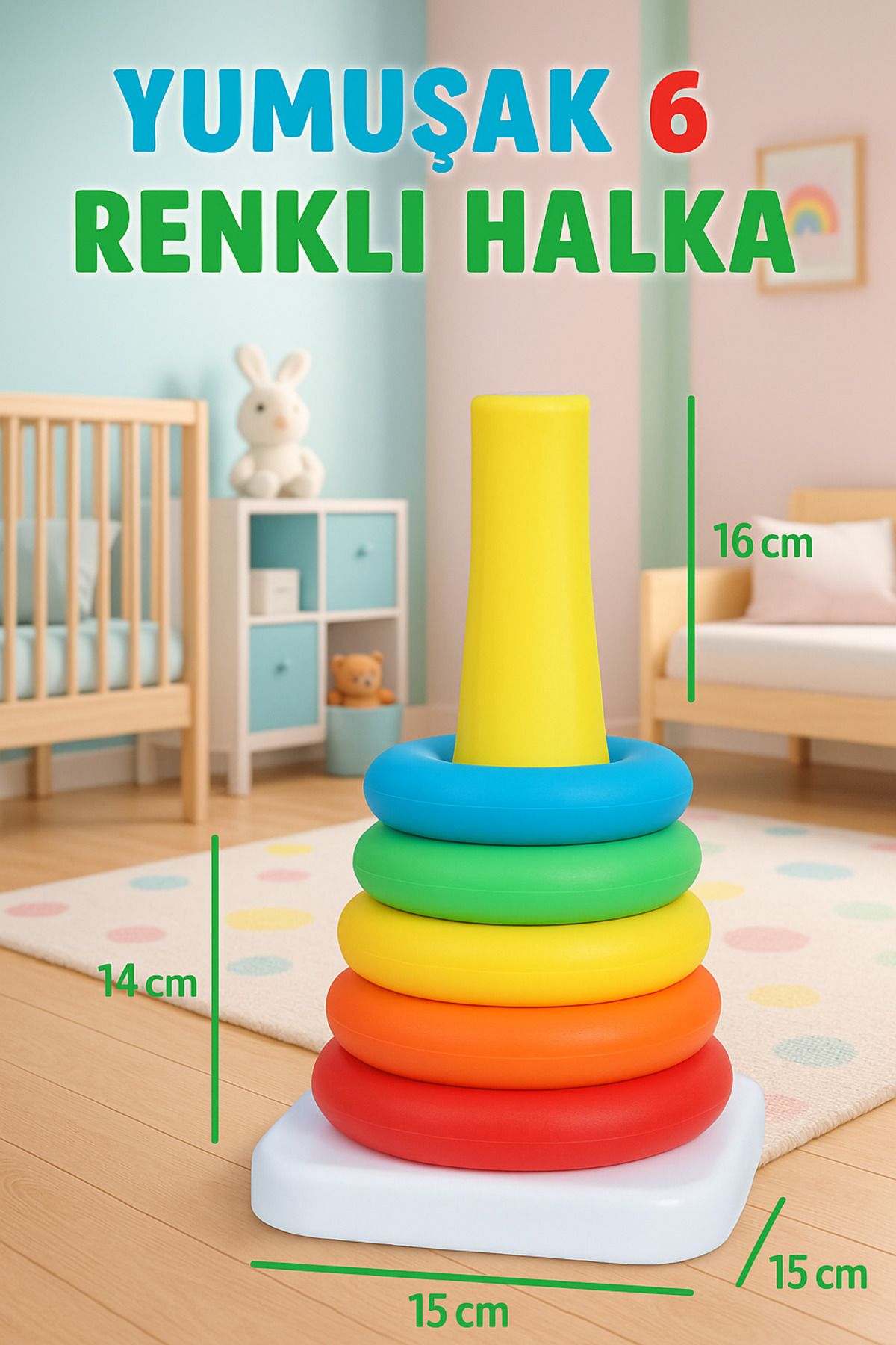 potasyum Eğitici Renkli Yumuşak Halka Dizme Oyuncağı - 6 Parça El-Göz Koordinasyonunu Destekleyen set