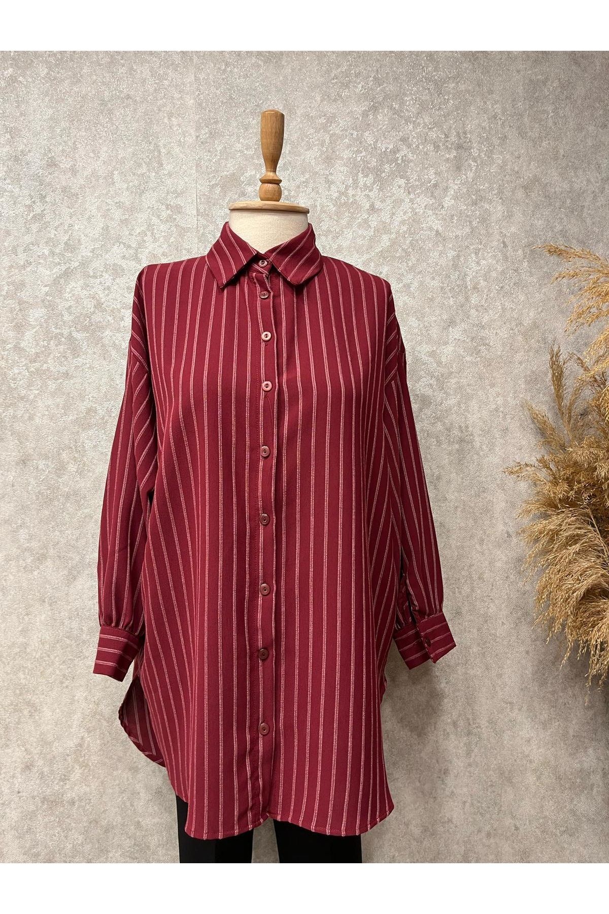 Eylül 25Y1573 GÖMLEK ÇİZGİLİ ÖNÜ KISA ARKASI UZUN - EYLÜL - 25Y1573 - BORDO - STANDART