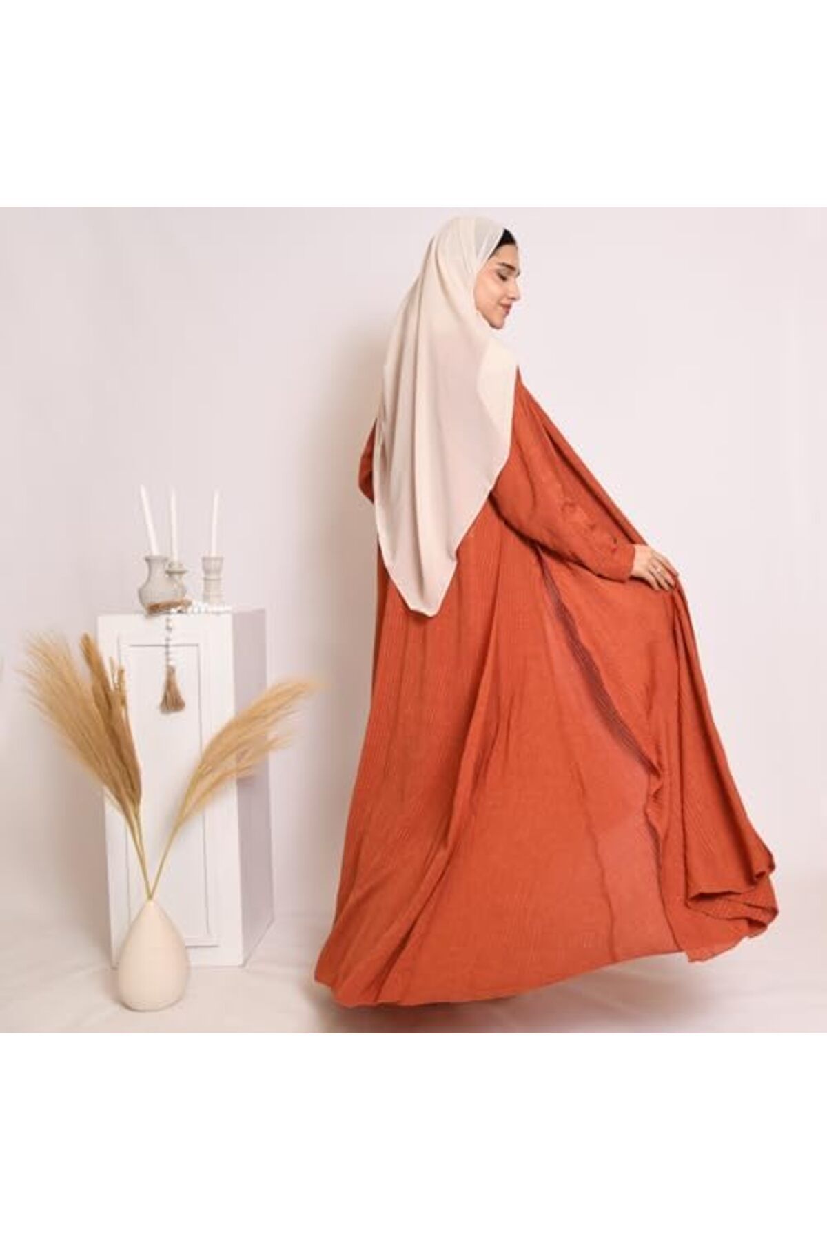 HAWRAA-Wrap Quarter Klush Abaya in Orange with Striped Fabric and Dress Set 7