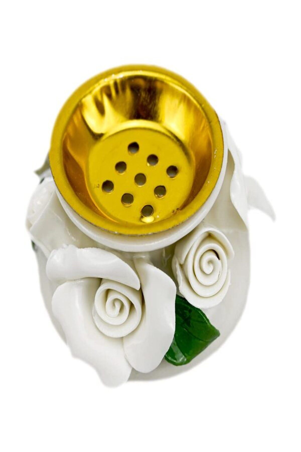 Generic-Decorative Porcelain Incense Holder Bowl with White Rose Design, Gold Interior 4