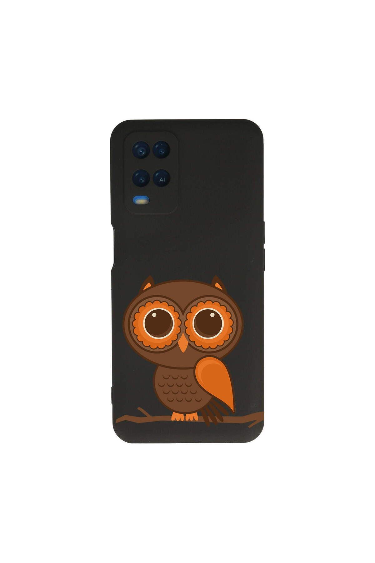 PrintiFy Oppo A54 ile Uyumlu Baykuş (0214a) Tasarımlı Siyah Lansman Silikon Kılıf