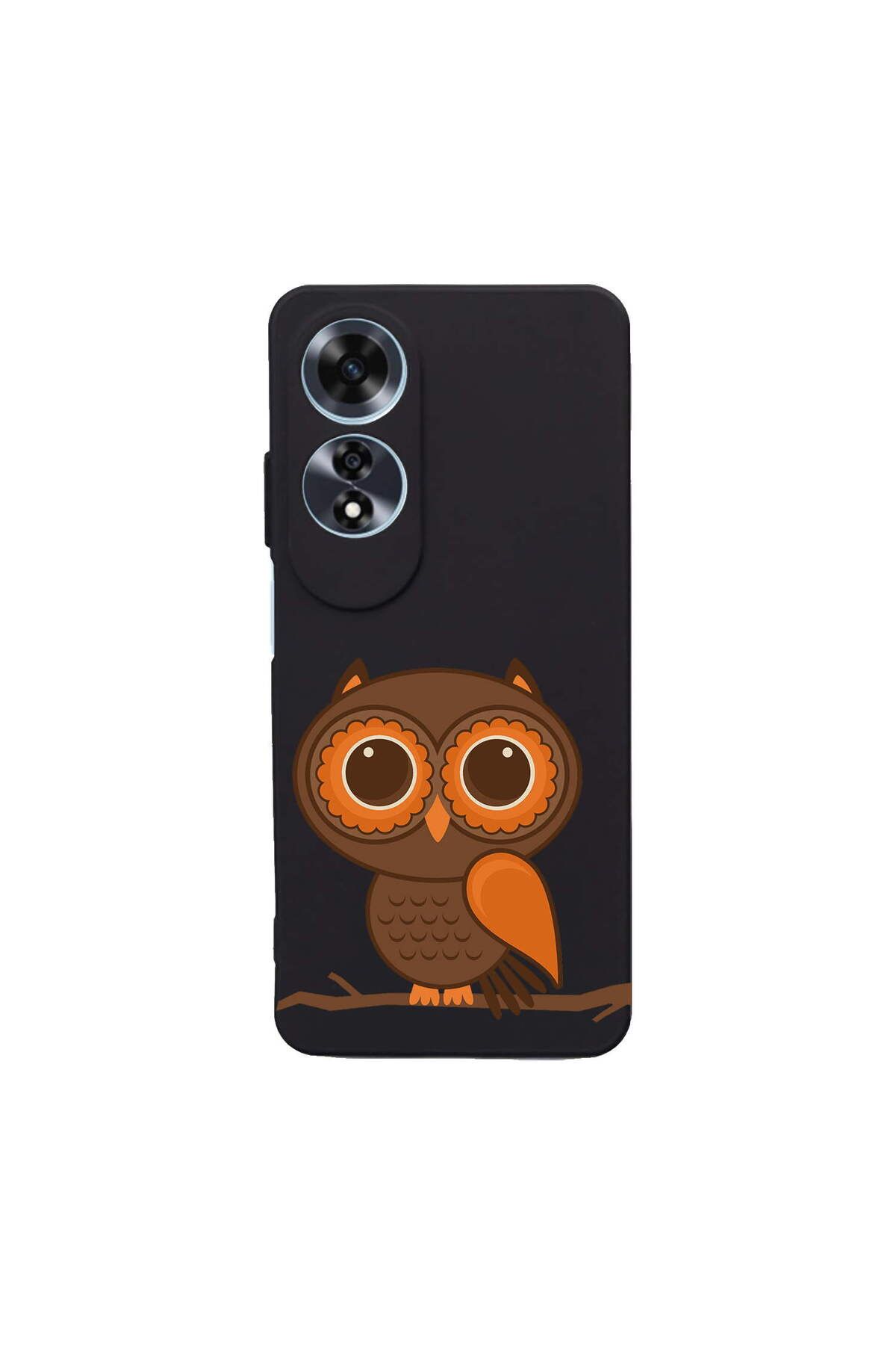 PrintiFy Oppo A60 ile Uyumlu Baykuş (0214a) Tasarımlı Siyah Lansman Silikon Kılıf