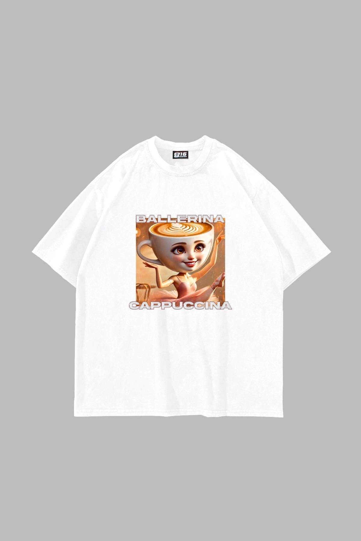 Bak Moda Ballerina Cappuccina Baskılı Oversize Unisex Beyaz Tshirt