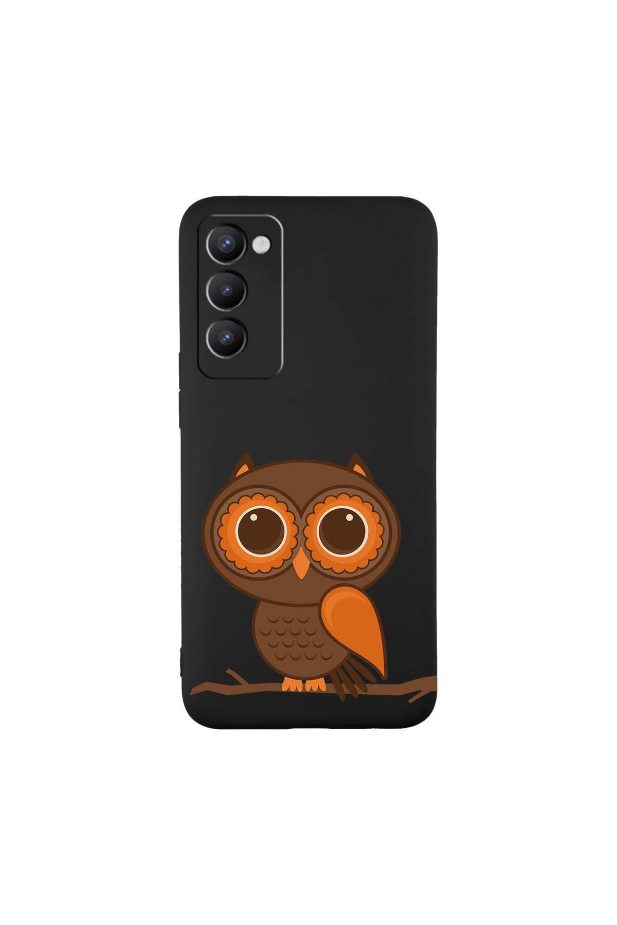 PrintiFy Tecno Camon 18 ile Uyumlu Baykuş (0214a) Tasarımlı Siyah Lansman Silikon Kılıf