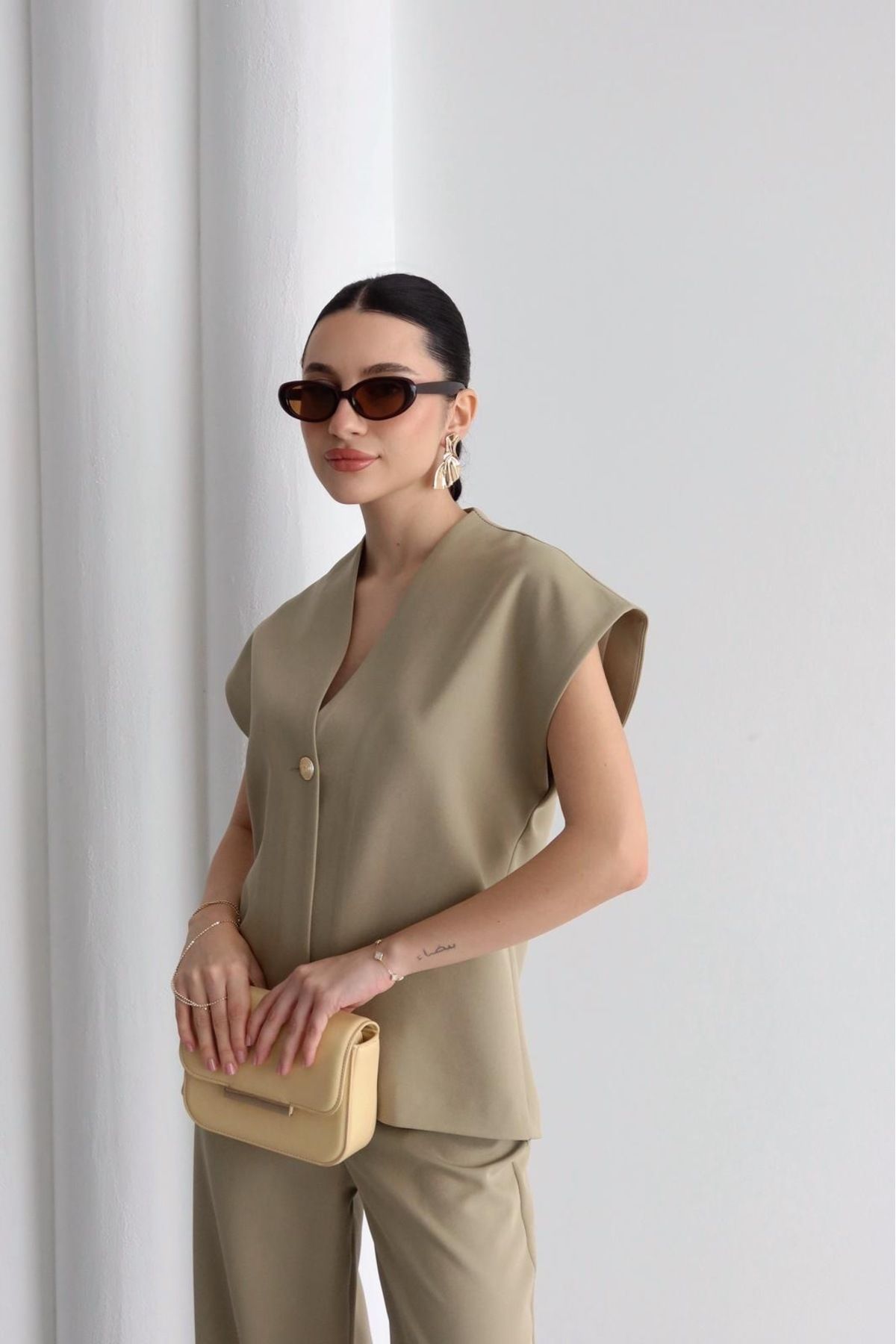Ekim Store Gold Düğmeli Yelek Pantolon İkili Blazer Takım