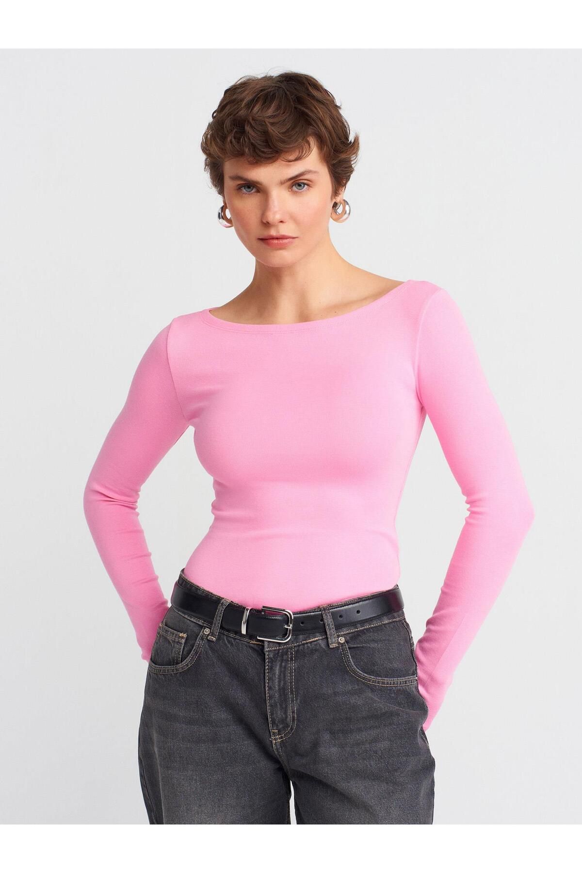 Dilvin 31332 Kayık Yaka Uzun Kollu Top-Pembe