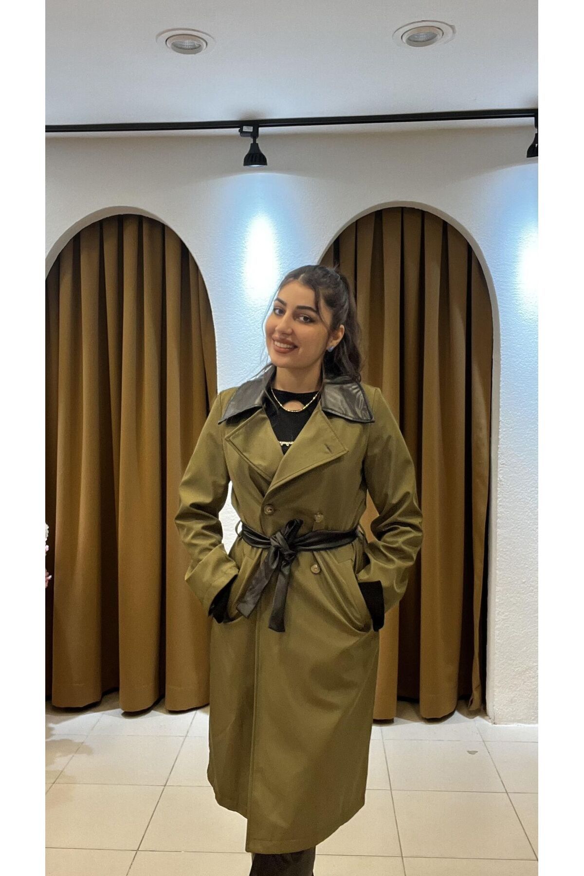 SUNAYBUTİK HAKİ DERİ DETAYLI TRENÇKOT-XL - Haki