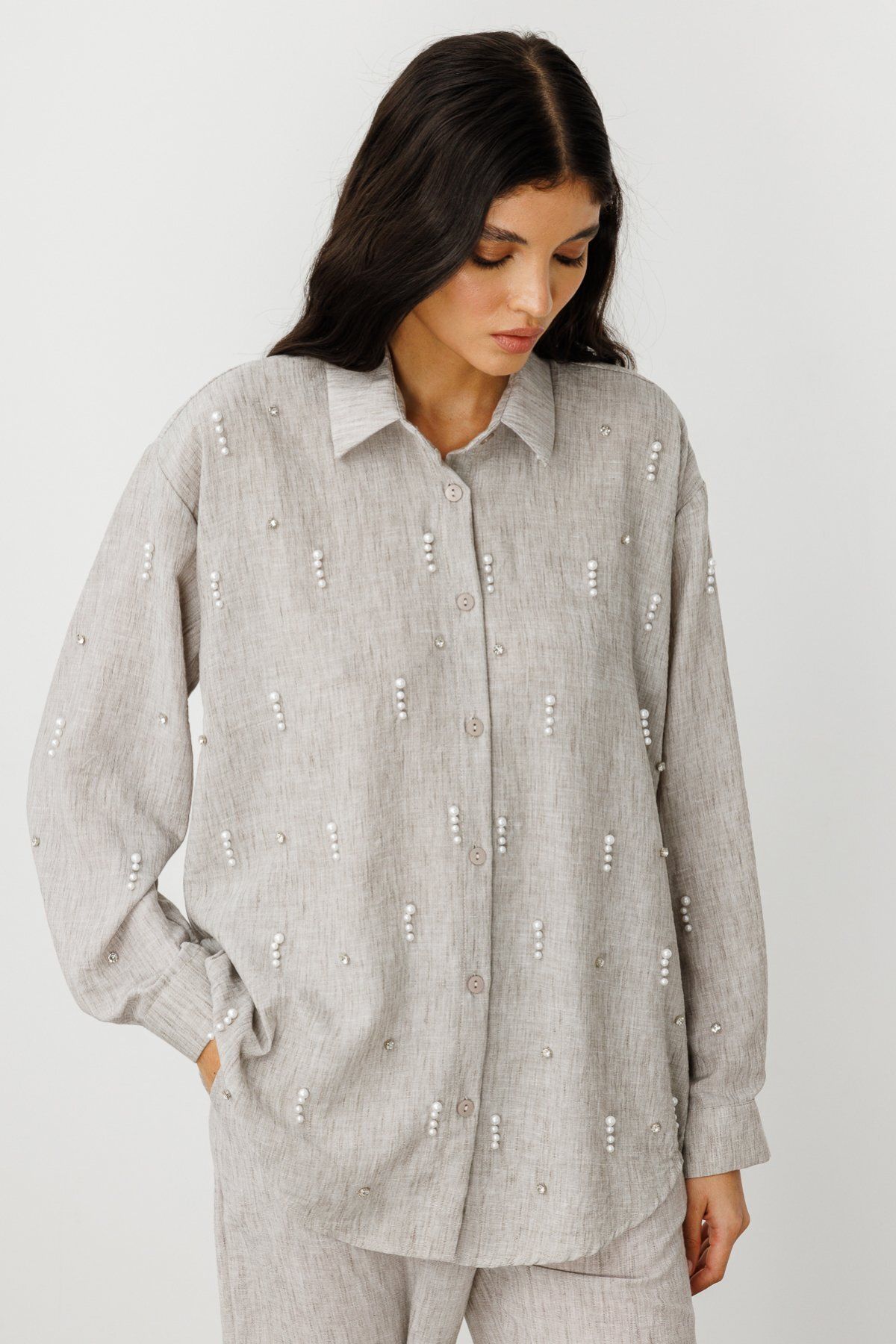 ON Önü İncili Oversize Gömlek