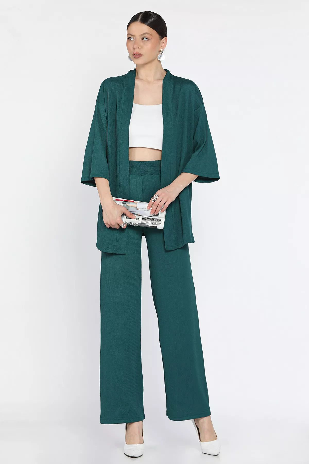 GÜLSELİ Zümrüt Yeşili Kadın Kimono Pantolon İkili Takım