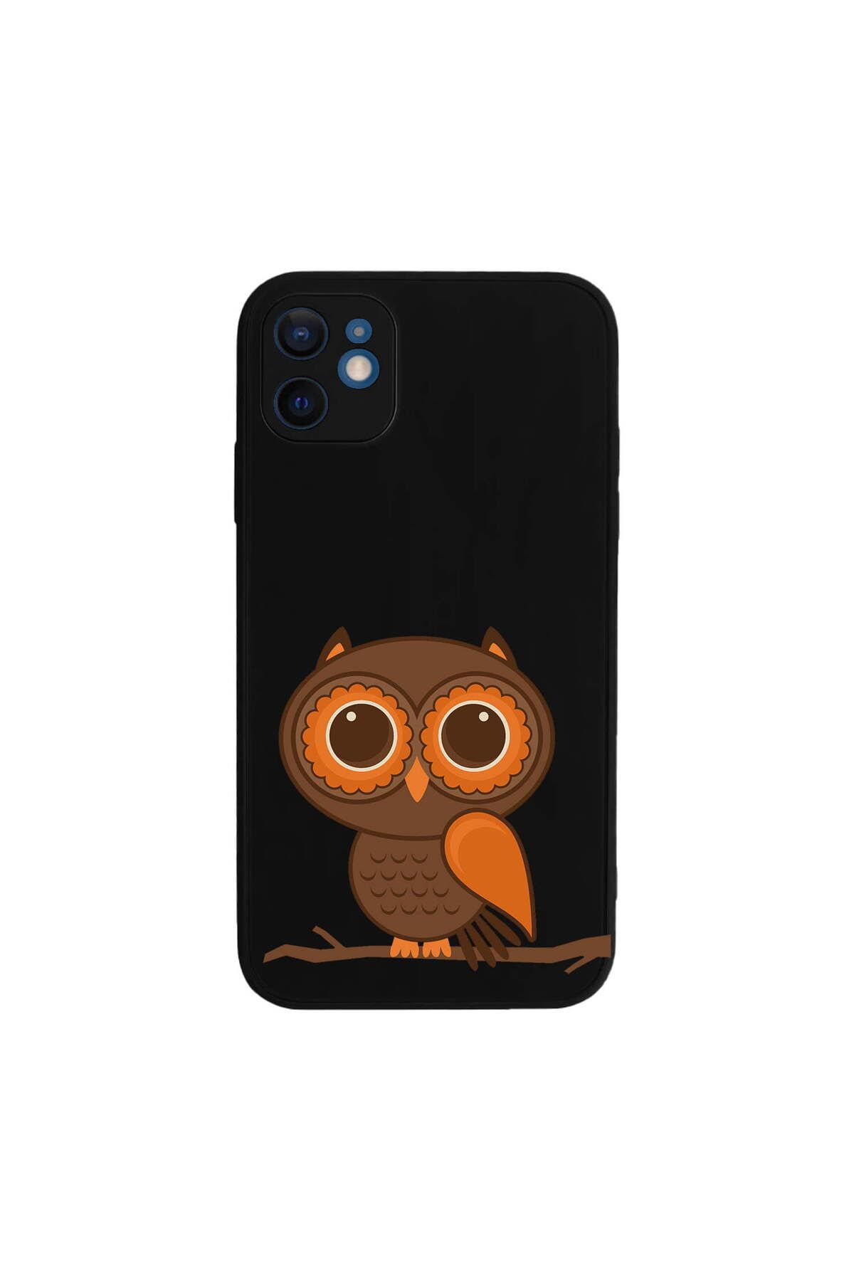 PrintiFy iPhone 12 ile Uyumlu Baykuş (0214a) Tasarımlı Siyah Lansman Silikon Kılıf