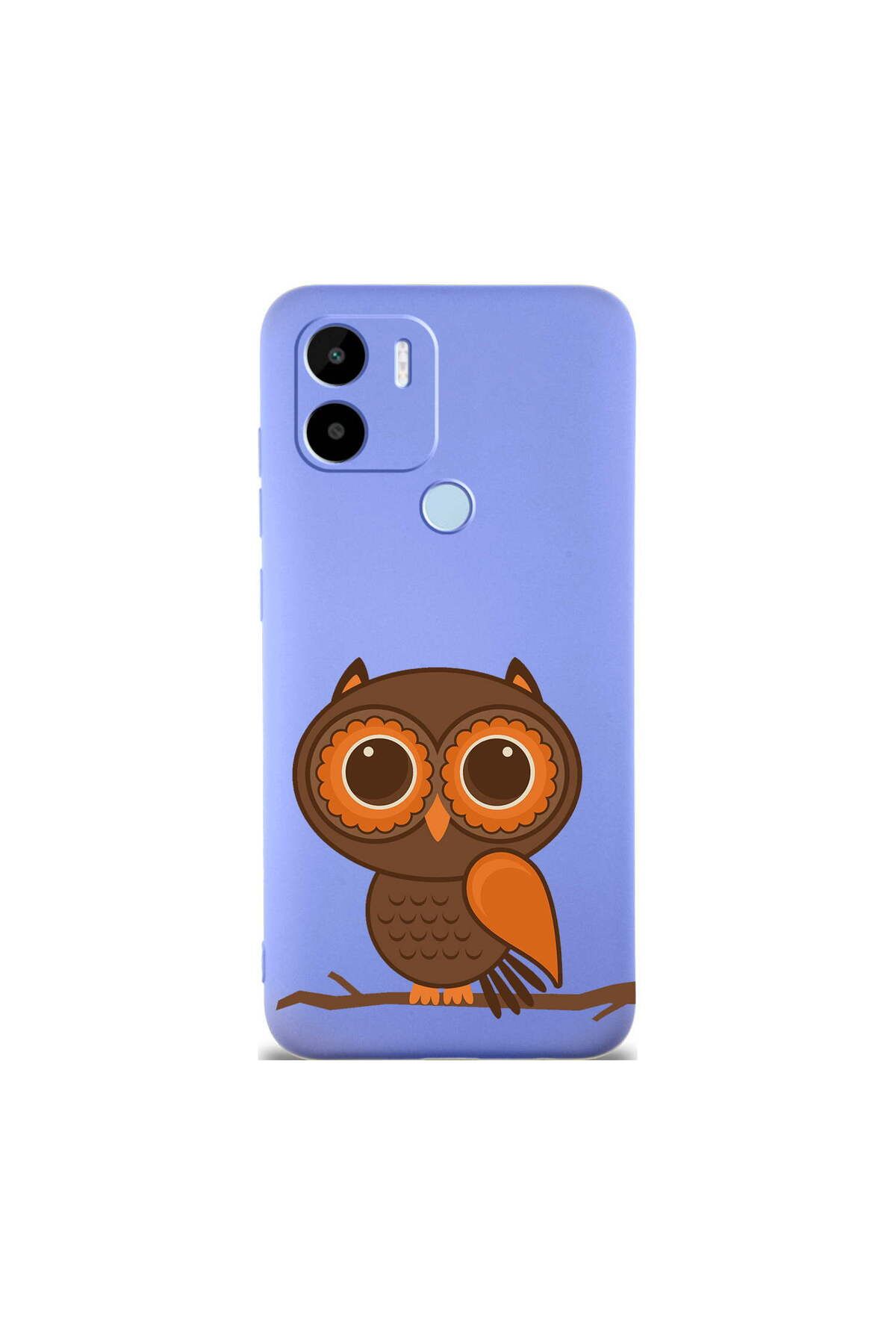 PrintiFy Xiaomi Redmi A1 Plus ile Uyumlu Baykuş (0214a) Tasarımlı Lila Lansman Silikon Kılıf