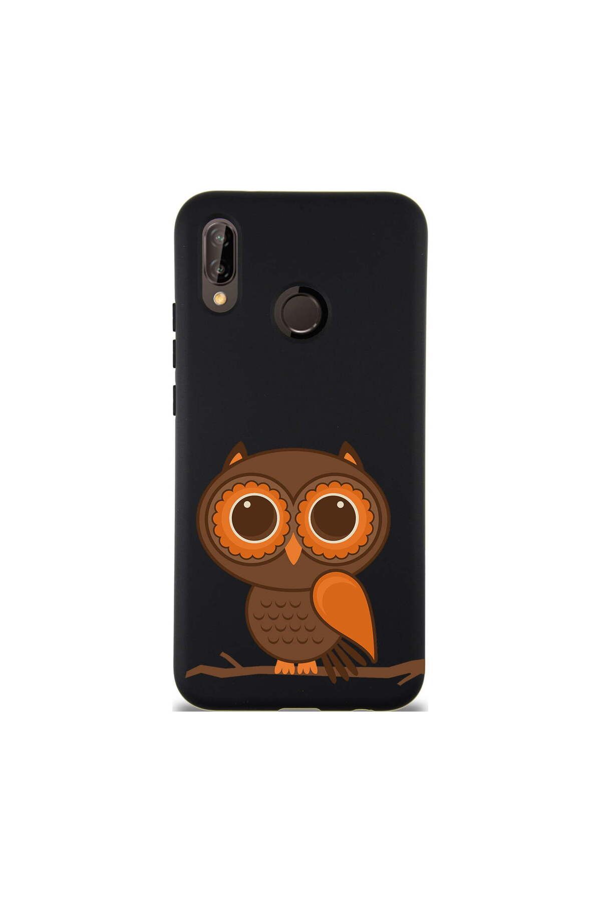 PrintiFy Xiaomi Redmi Note 7 ile Uyumlu Baykuş (0214a) Tasarımlı Siyah Lansman Silikon Kılıf