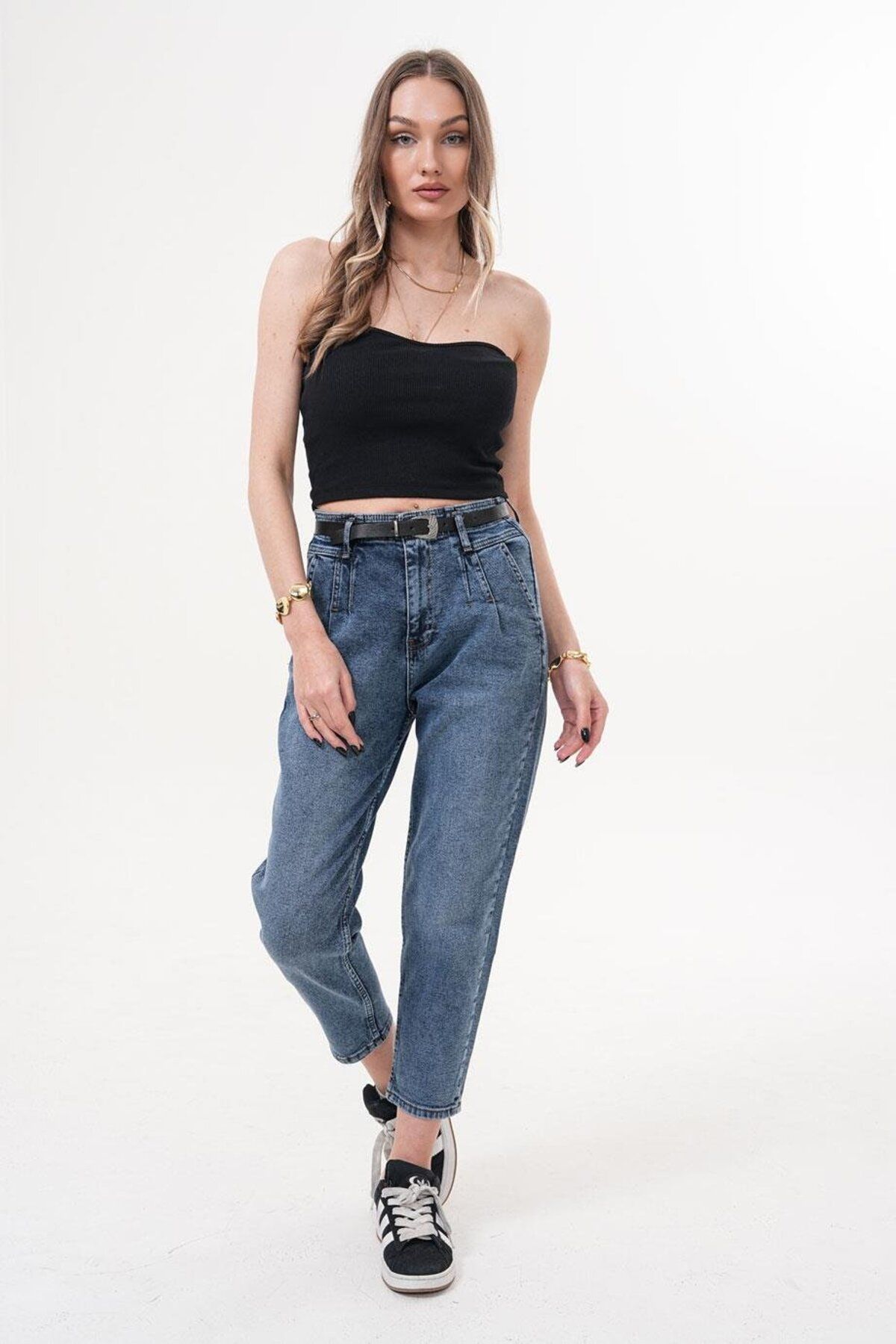 Flame İstanbul Butik Kemerli Ön Pileli Bilek Boy Jean Mavi Pantolon - RMS559