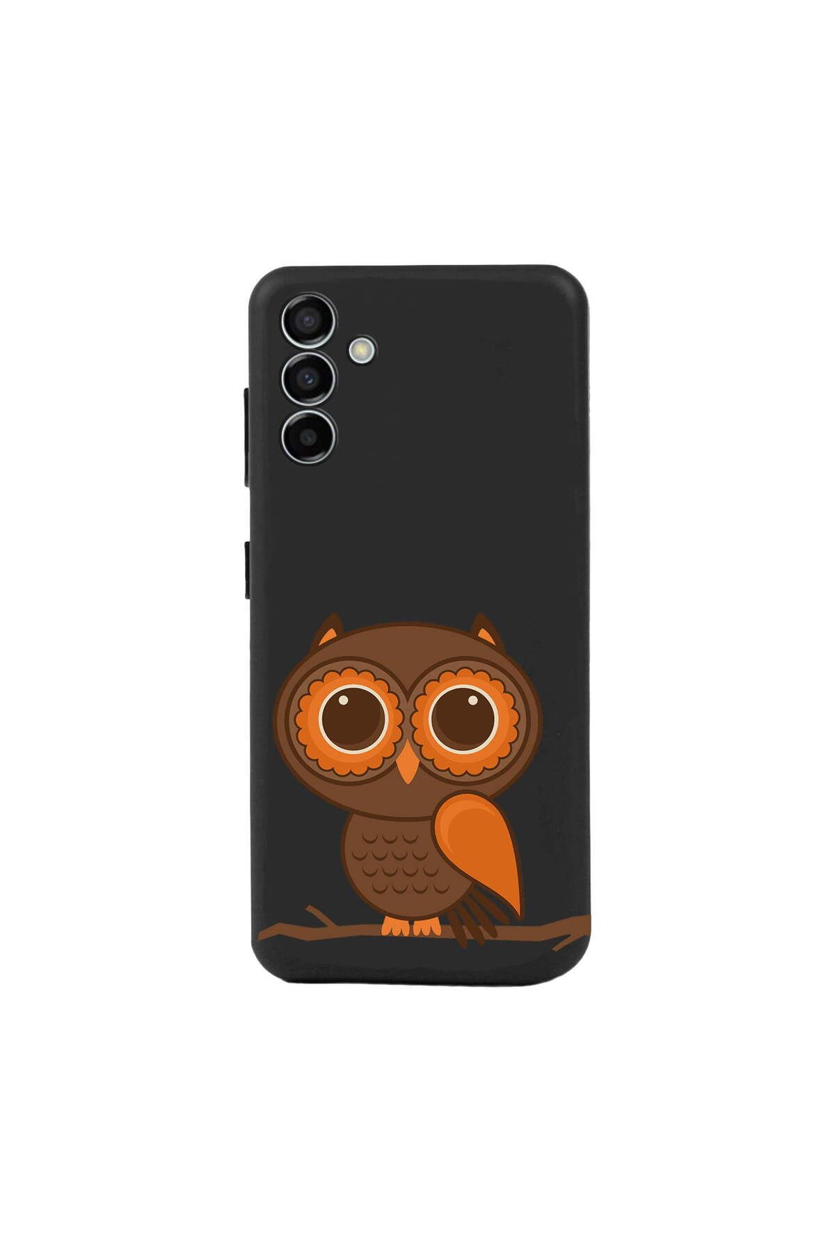 PrintiFy Samsung Galaxy M23 ile Uyumlu Baykuş (0214a) Tasarımlı Siyah Lansman Silikon Kılıf