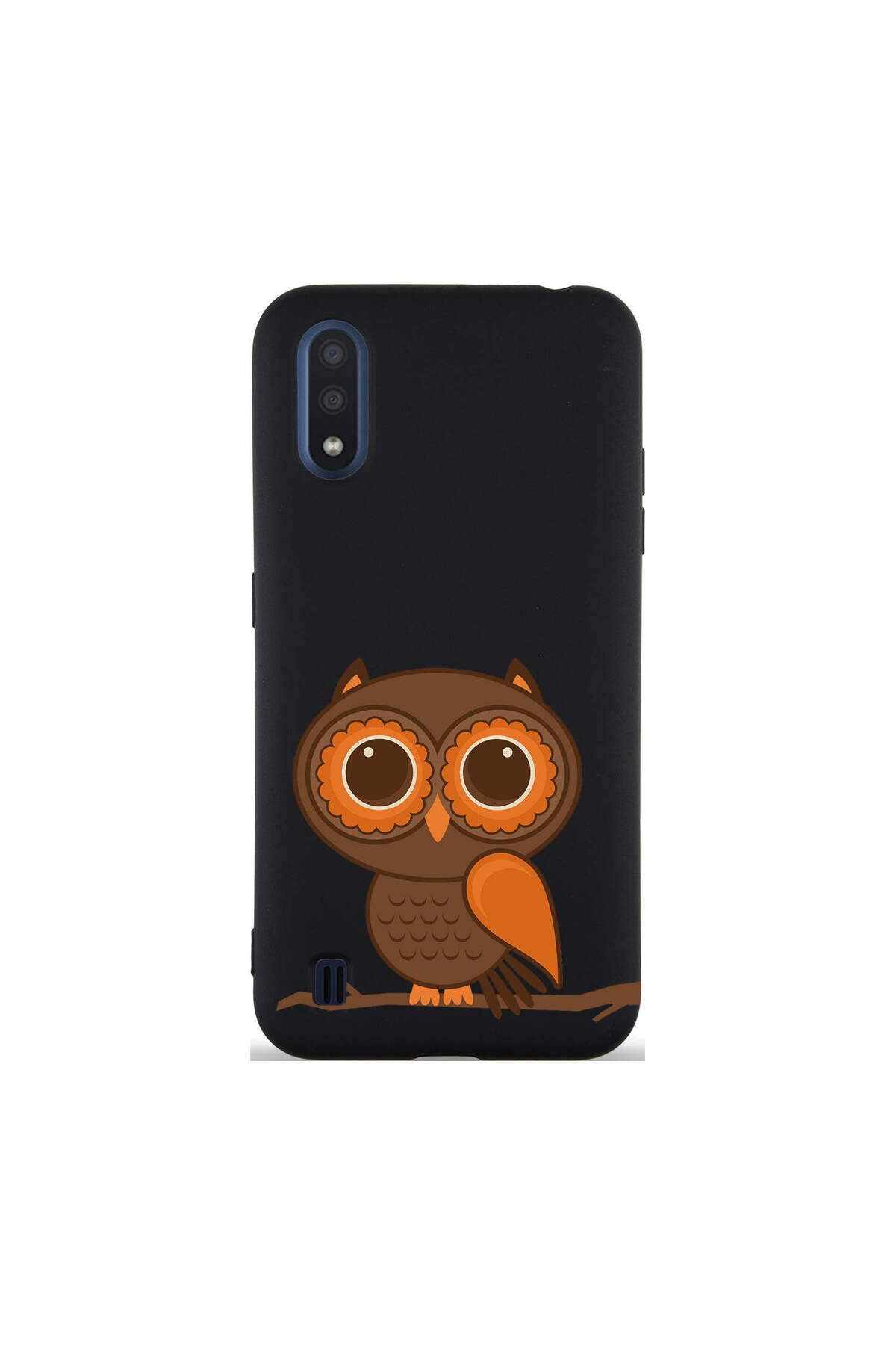 PrintiFy Samsung Galaxy A01 ile Uyumlu Baykuş (0214a) Tasarımlı Siyah Lansman Silikon Kılıf