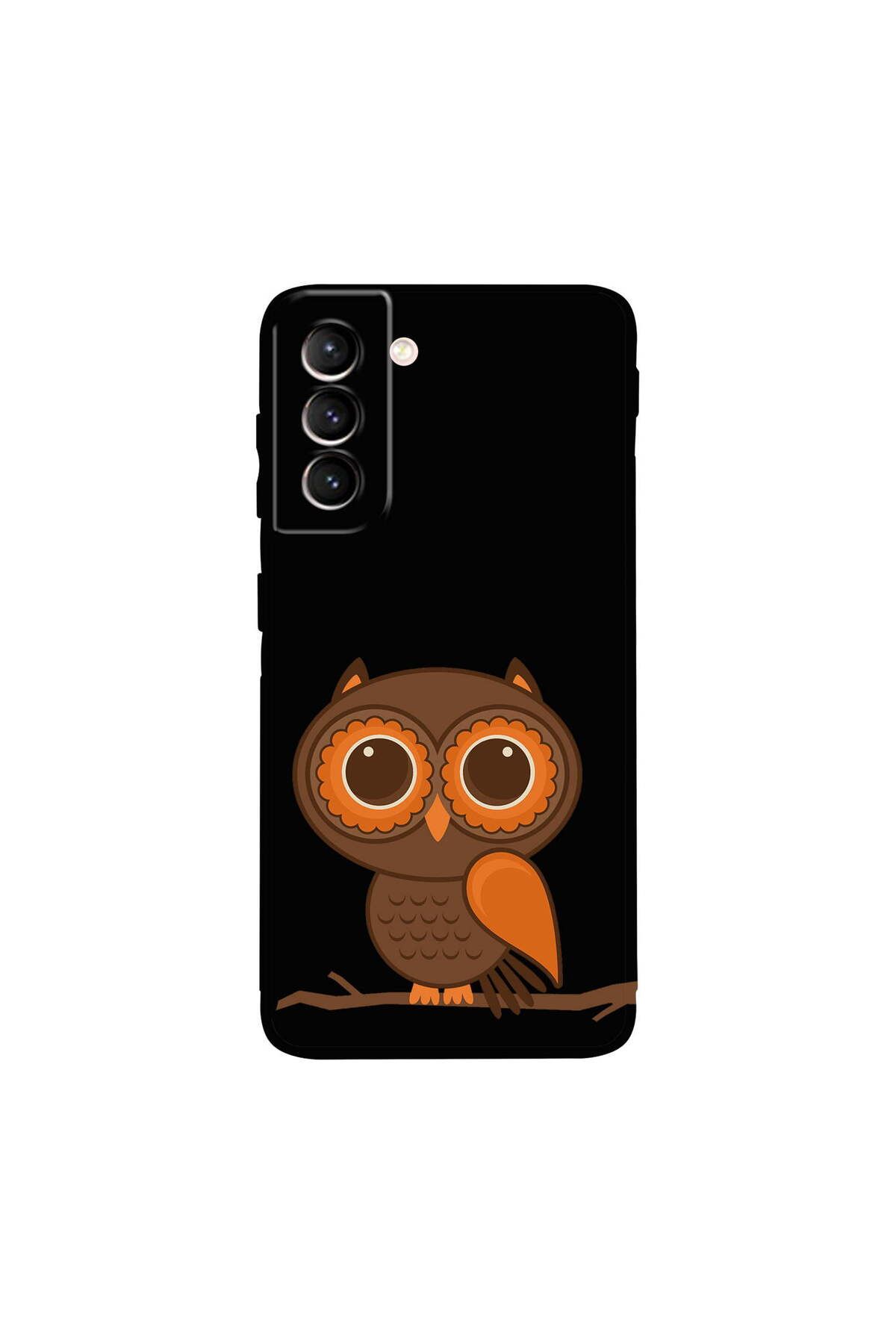 PrintiFy Samsung Galaxy S21 Plus ile Uyumlu Baykuş (0214a) Tasarımlı Siyah Lansman Silikon Kılıf