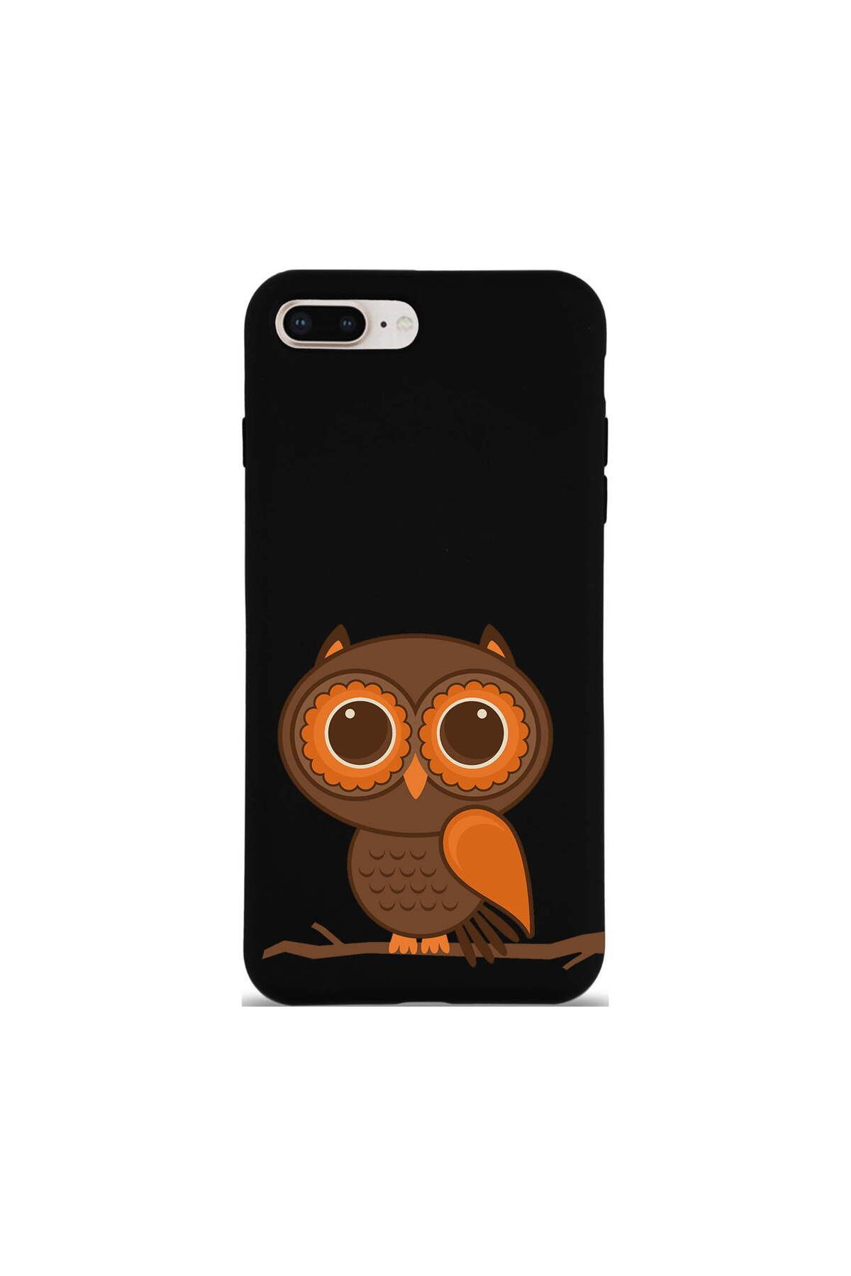 PrintiFy iPhone 7 Plus ile Uyumlu Baykuş (0214a) Tasarımlı Siyah Lansman Silikon Kılıf