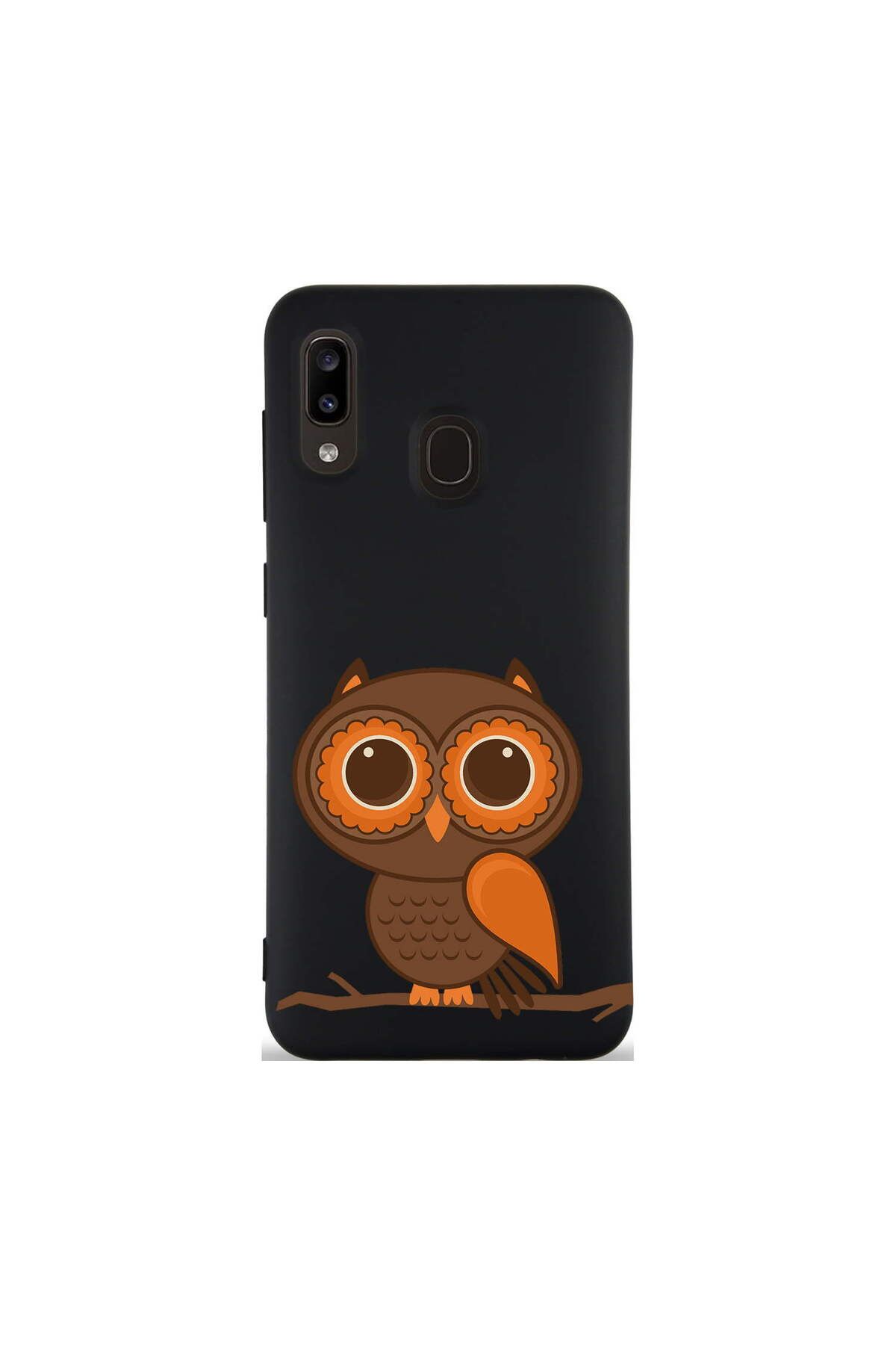 PrintiFy Samsung Galaxy A20 ile Uyumlu Baykuş (0214a) Tasarımlı Siyah Lansman Silikon Kılıf