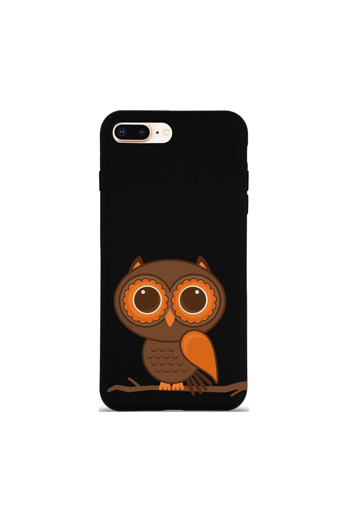 PrintiFy iPhone 8 Plus ile Uyumlu Baykuş (0214a) Tasarımlı Siyah Lansman Silikon Kılıf