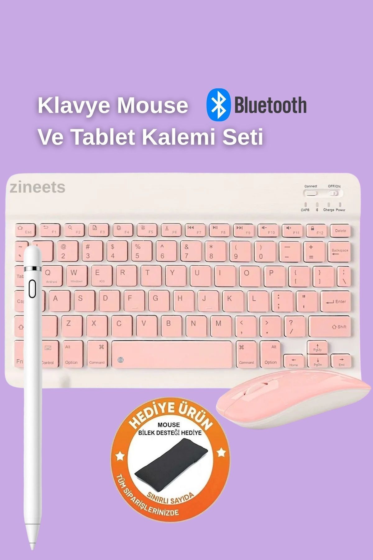 Zineets Kablosuz Şarjlı Bluetooth Pembe Klavye Mouse Seti Ultra Slim Tablet Telefon Windows Uyumlu