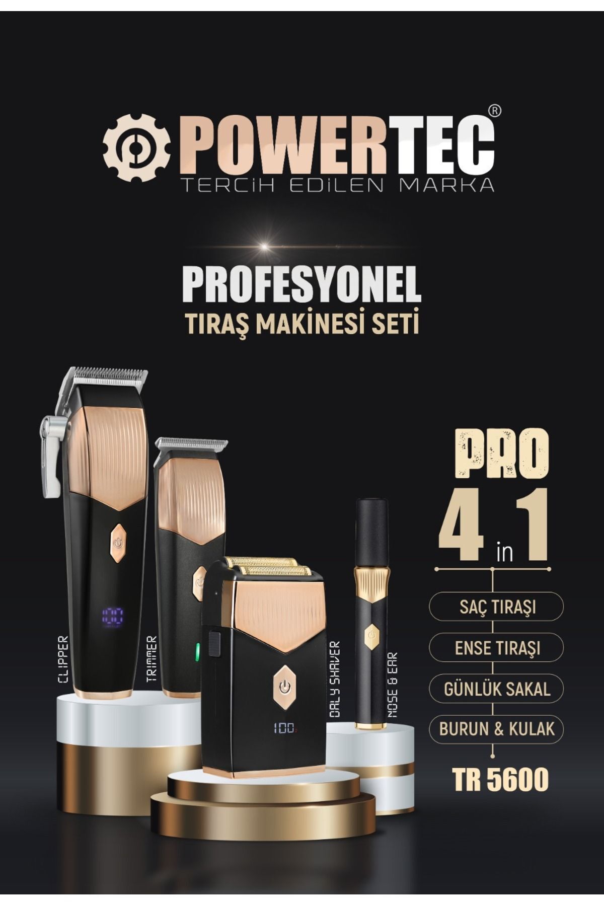 POWERTEC TR-5600 Pro 4'lü Tıraş Makinesi Seti Saç-Sakal-Günlük Sakal-Burun (4'lü Şarj Standı ve Önlük Hediye)