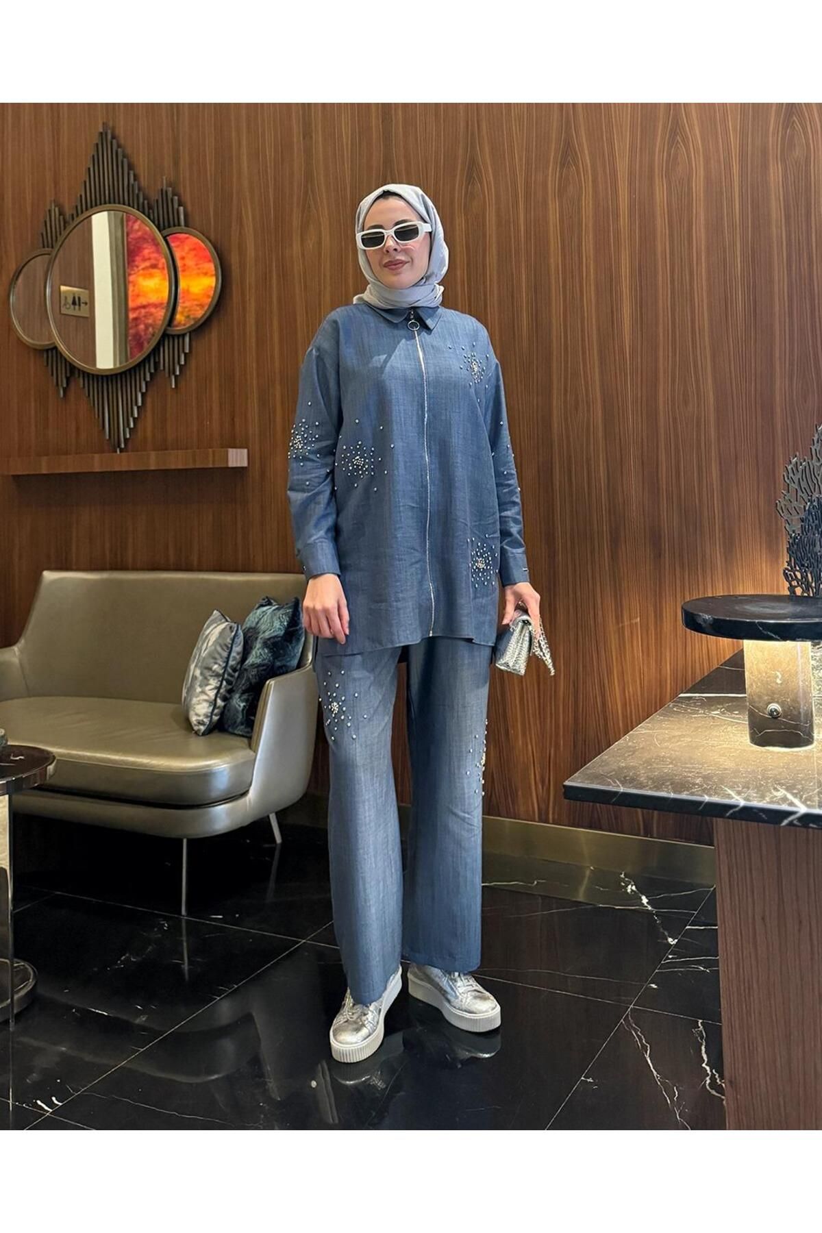 Moodbasic MOODBASİC TAŞLI FERMUARLI KETEN TAKIM