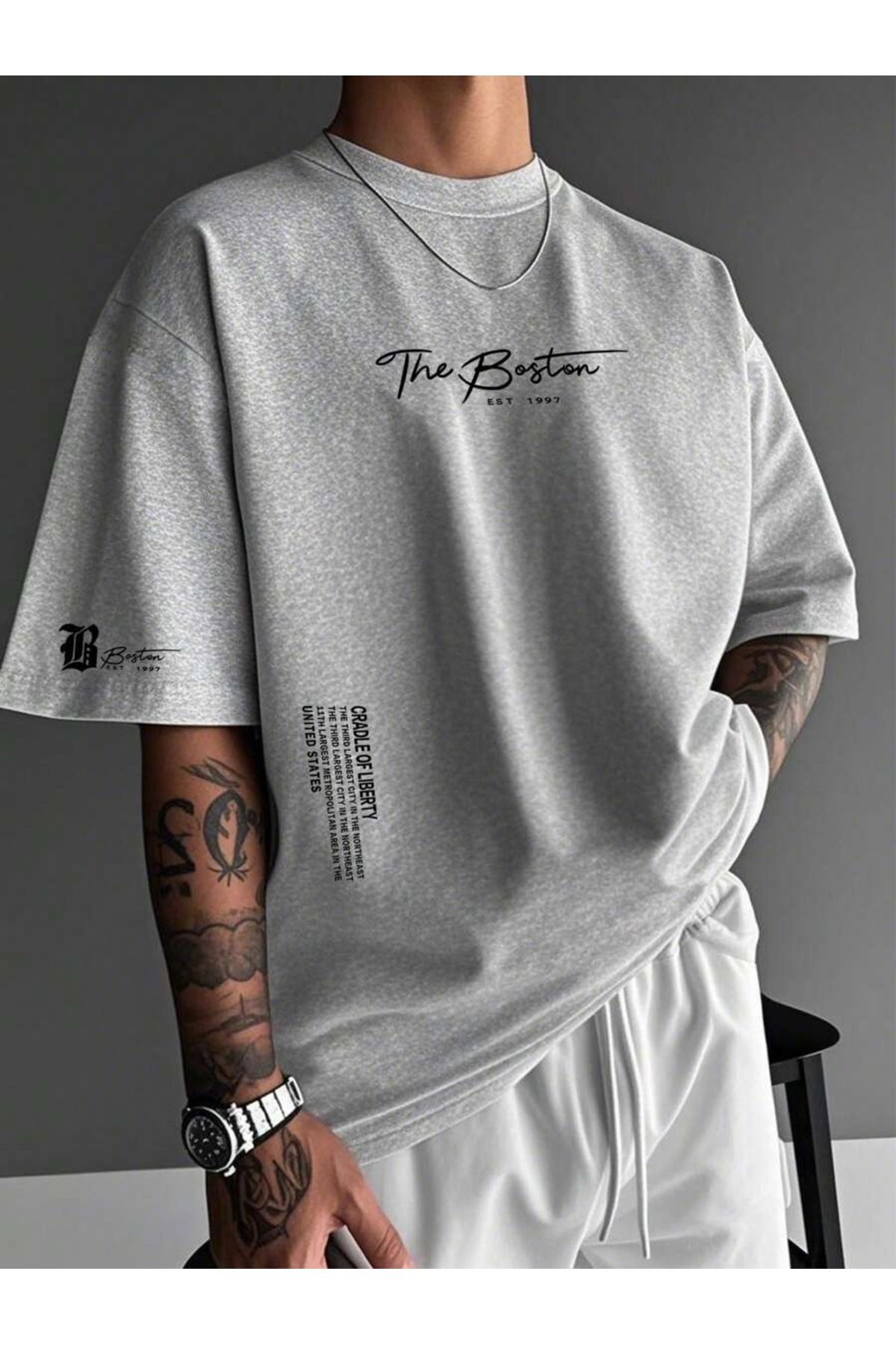 PAVRO Unisex Oversize tişörT Çok Renkli the boston Baskılı T-shirt
