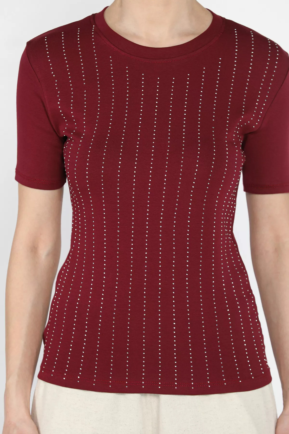 GÜLSELİ-Claret Red Women's Crew Neck Stone Embroidered Lycra Blouse 4