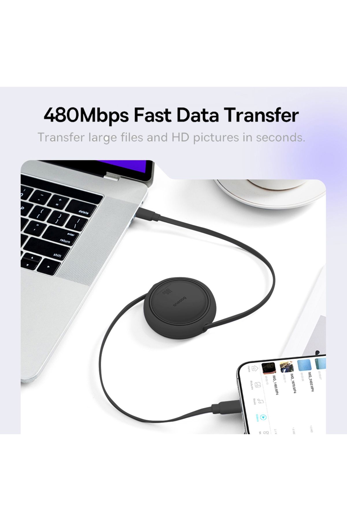 Baseus-Baseus 100W Free2 Draw Mini Both-Way Retractable USB-C to USB-C Fast Charging Data Cable 1M - Black 5