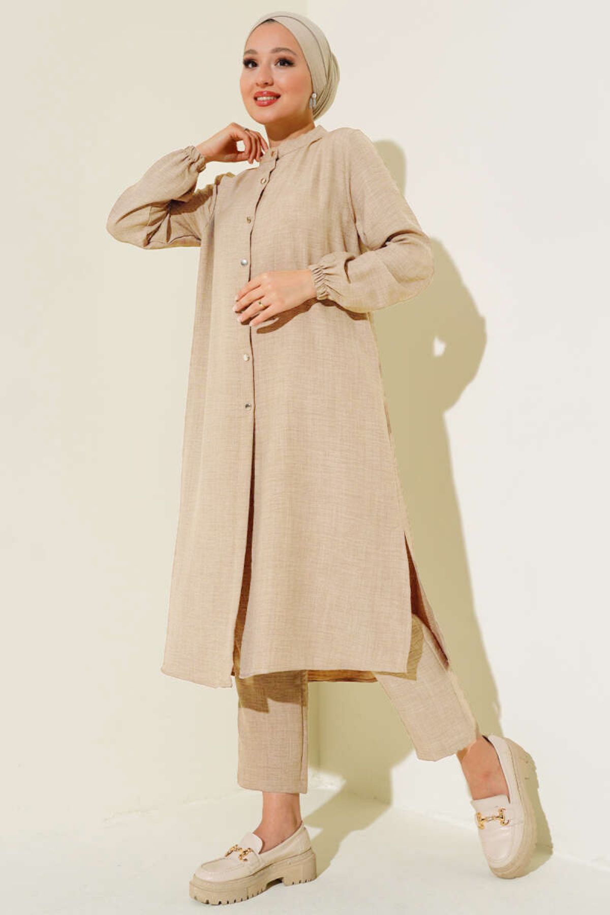 Lucia Fashion Yırtmaç Detaylı Tunik Pantolon İkili Takım - Taş