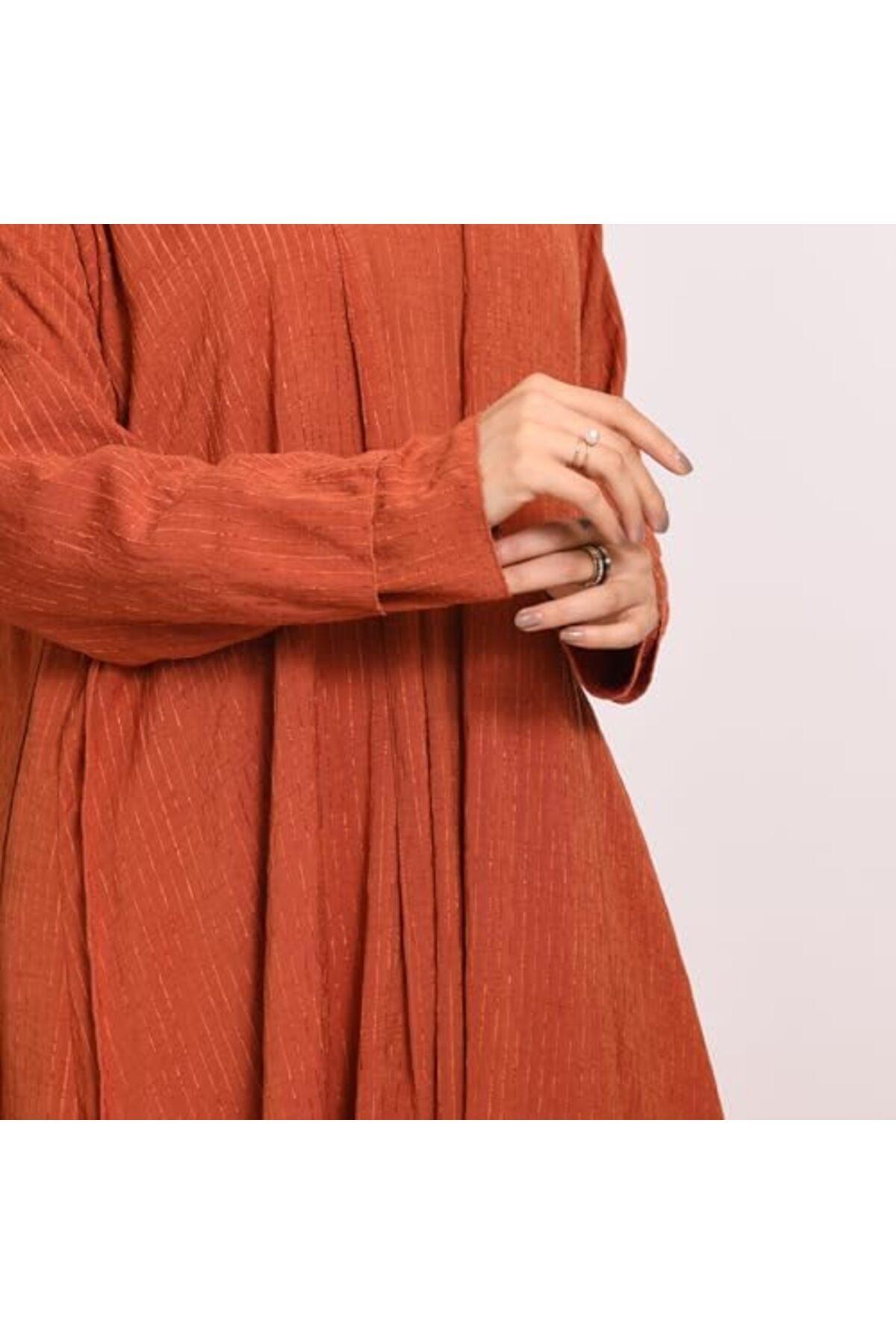 HAWRAA-Wrap Quarter Klush Abaya in Orange with Striped Fabric and Dress Set 9
